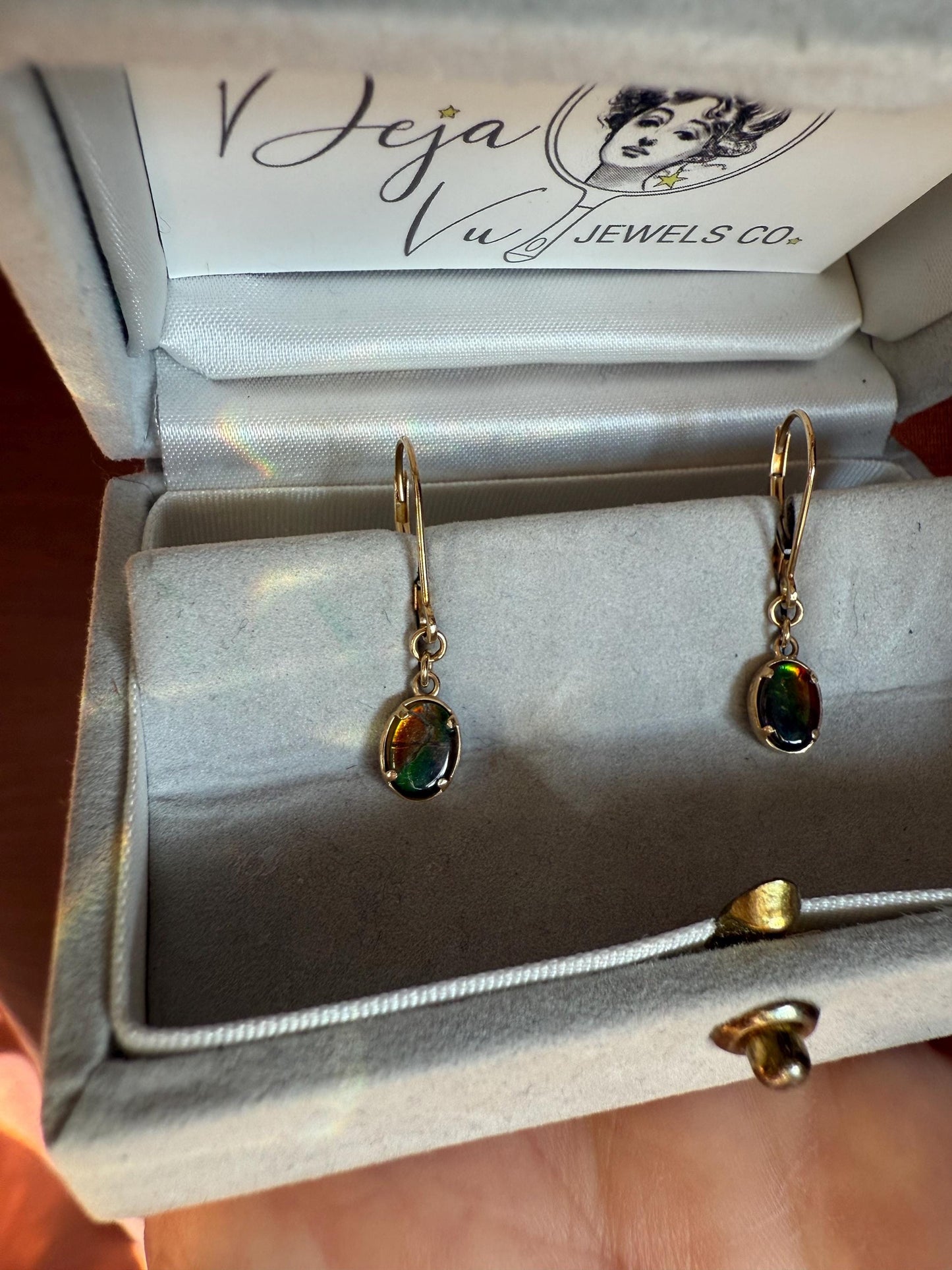 Vintage 14K Yellow Gold Dangle Earrings Featuring Ammolite Fossil