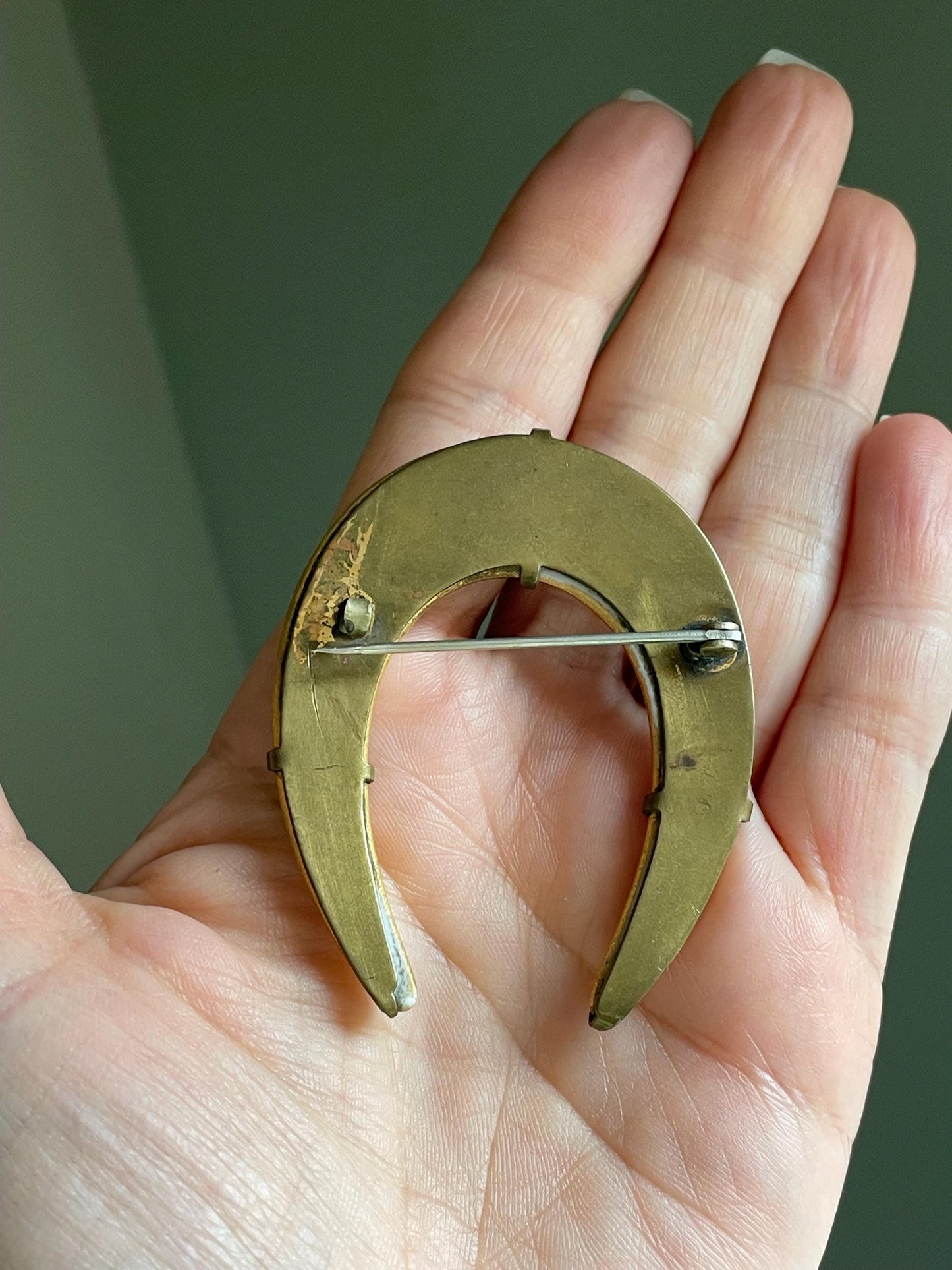 Huge Antique Edwardian Porcelian Hand Painted Flower Lucky Horseshoe Brooch