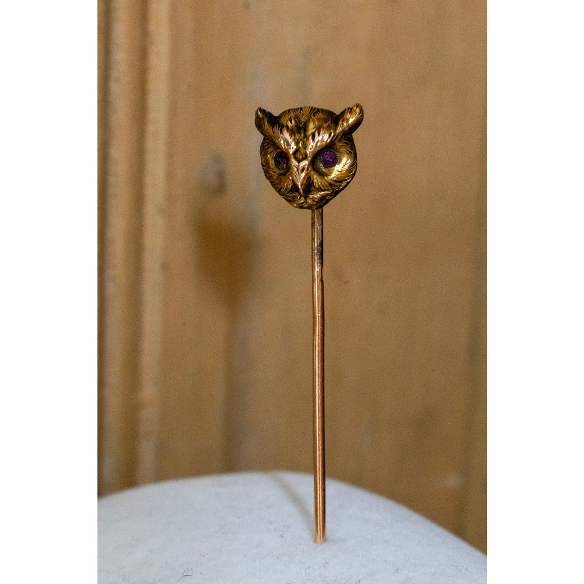 Antique Victorian 9- 10K Owl Stickpin with Bohemian Cut Garnet Eyes