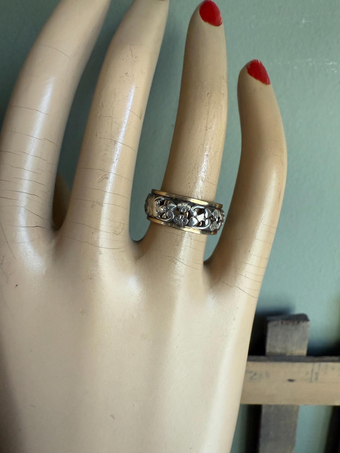 C1940 Vintage Sterling and Gold Sweetheart Floral Eternity Band