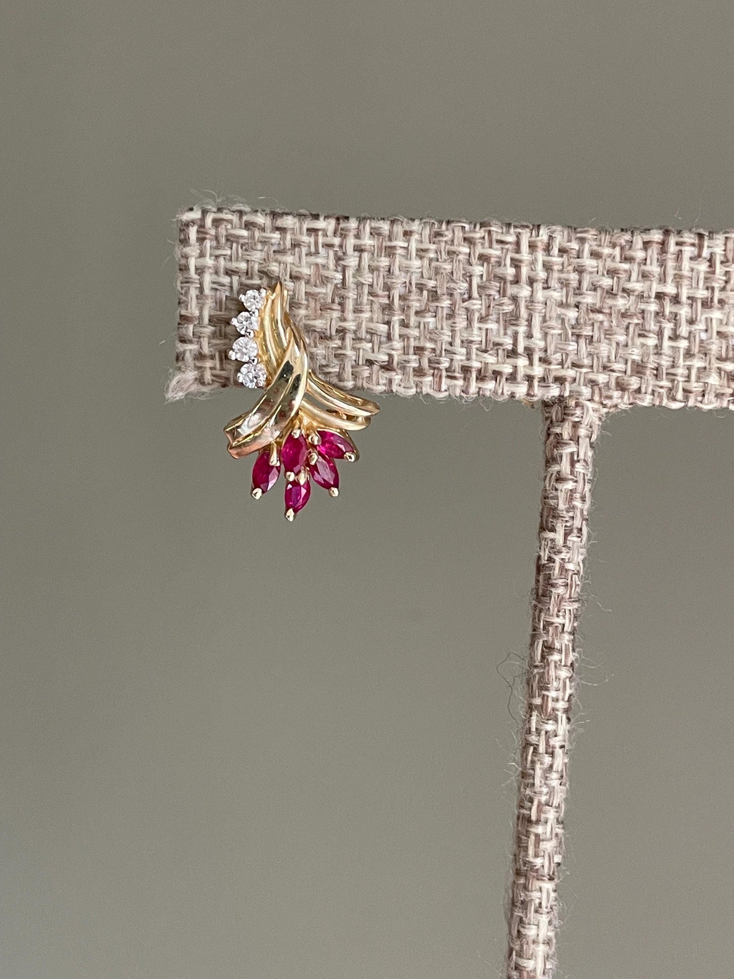 Vintage 14K Yellow Gold Ruby and Diamond Ribbon Motif Earrings