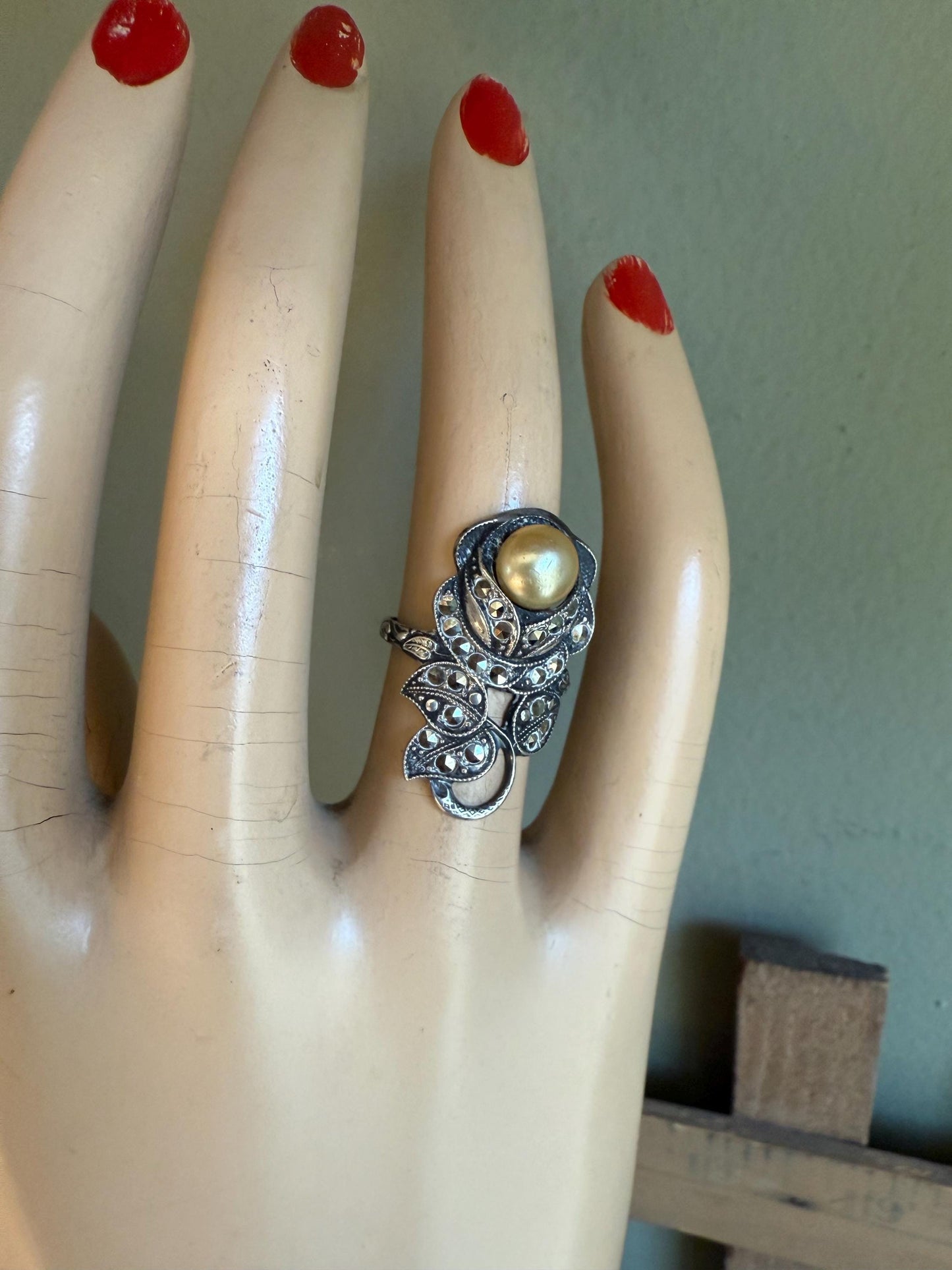 Sterling Silver c1920-1930 Art Deco Marcasite Pearl Rose Ring