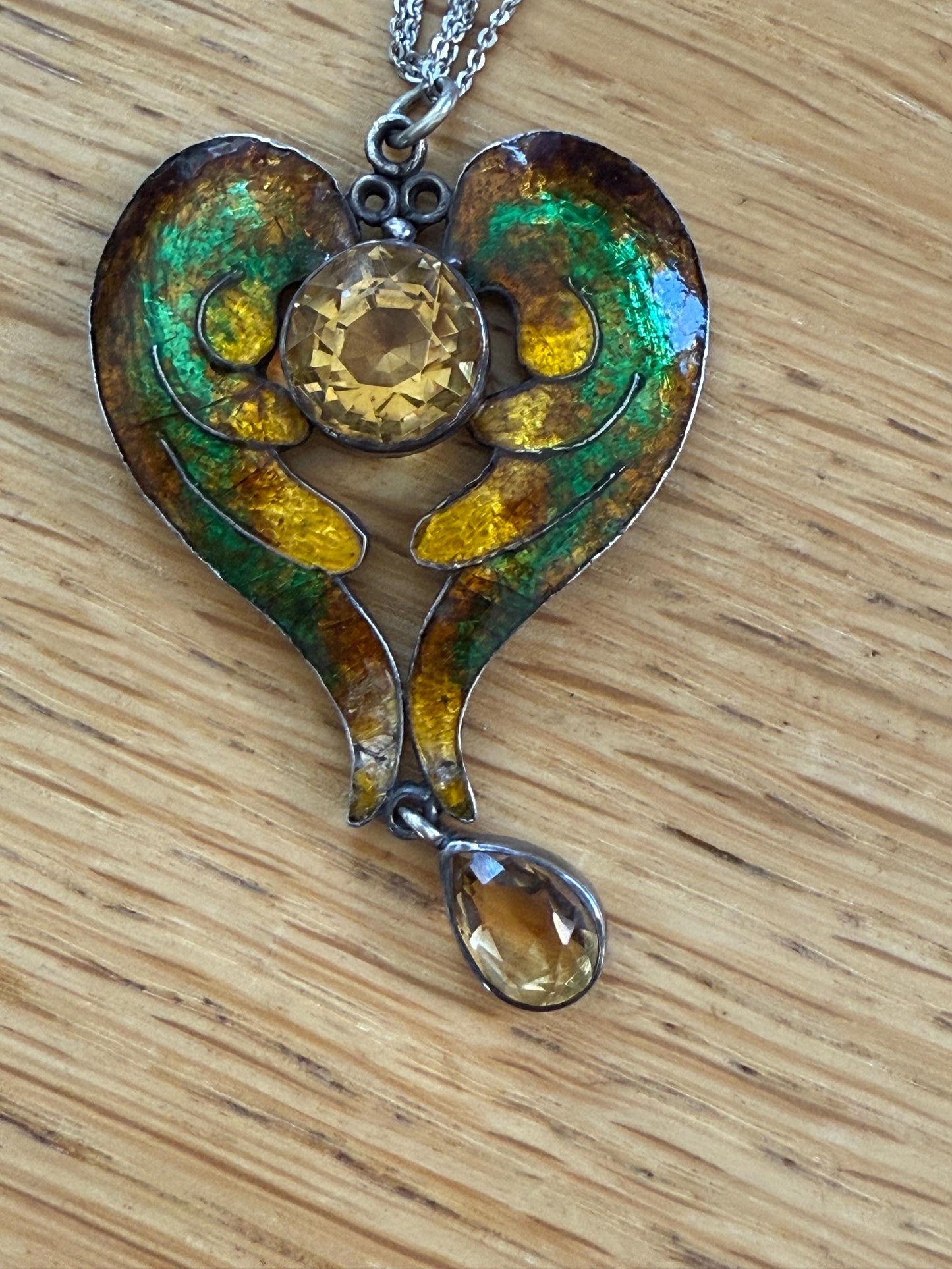 An Antique Arts and Crafts Handmade Silver Enamel Wings Citrine Pendant