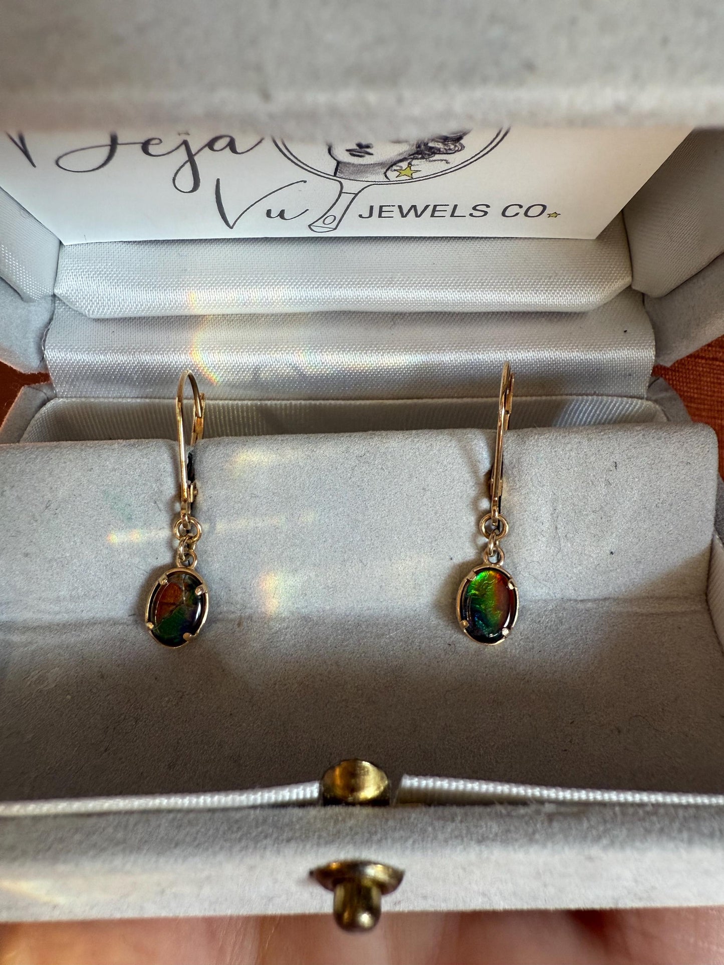 Vintage 14K Yellow Gold Dangle Earrings Featuring Ammolite Fossil