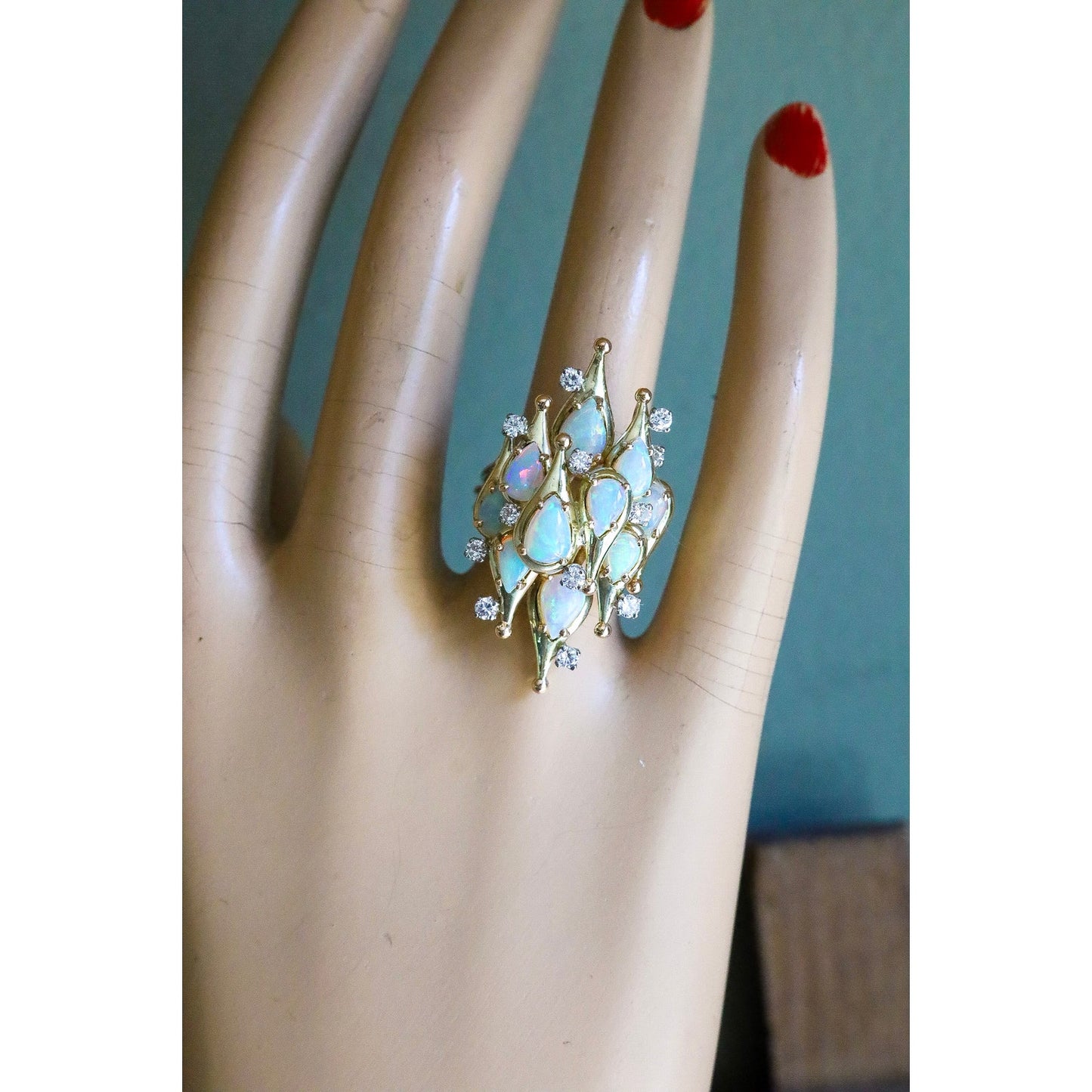 A Fine 1960's Jack Gutschneider 14K Opal and Diamond Cocktail Ring
