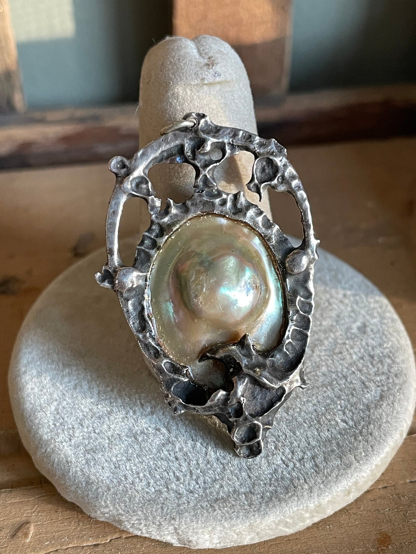 Antique Art Nouveau Arts and Crafts Blister Pearl In Sterling Silver Pendant with Engraving