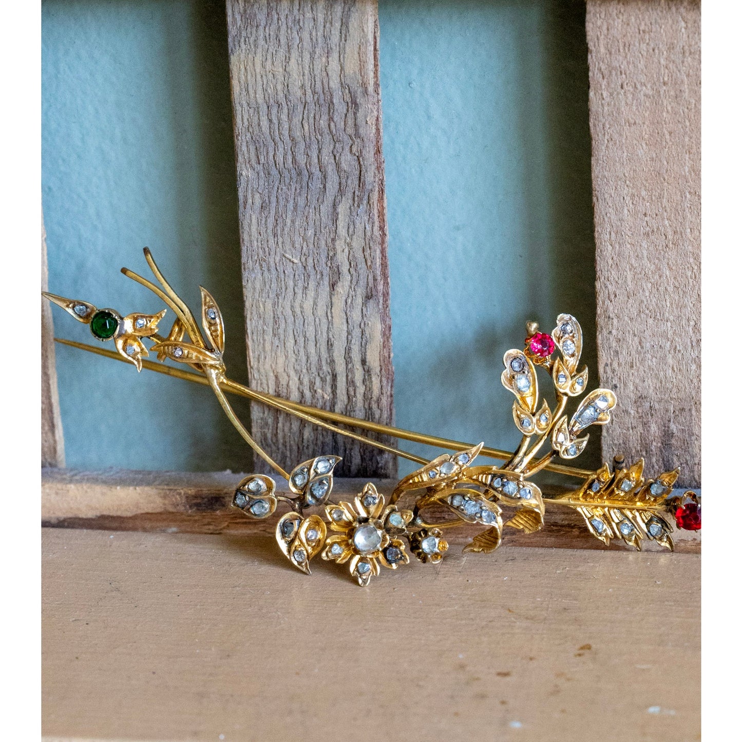 Antique 8-9K Yellow Gold Large Arrow and Floral Diamond Set Brooch