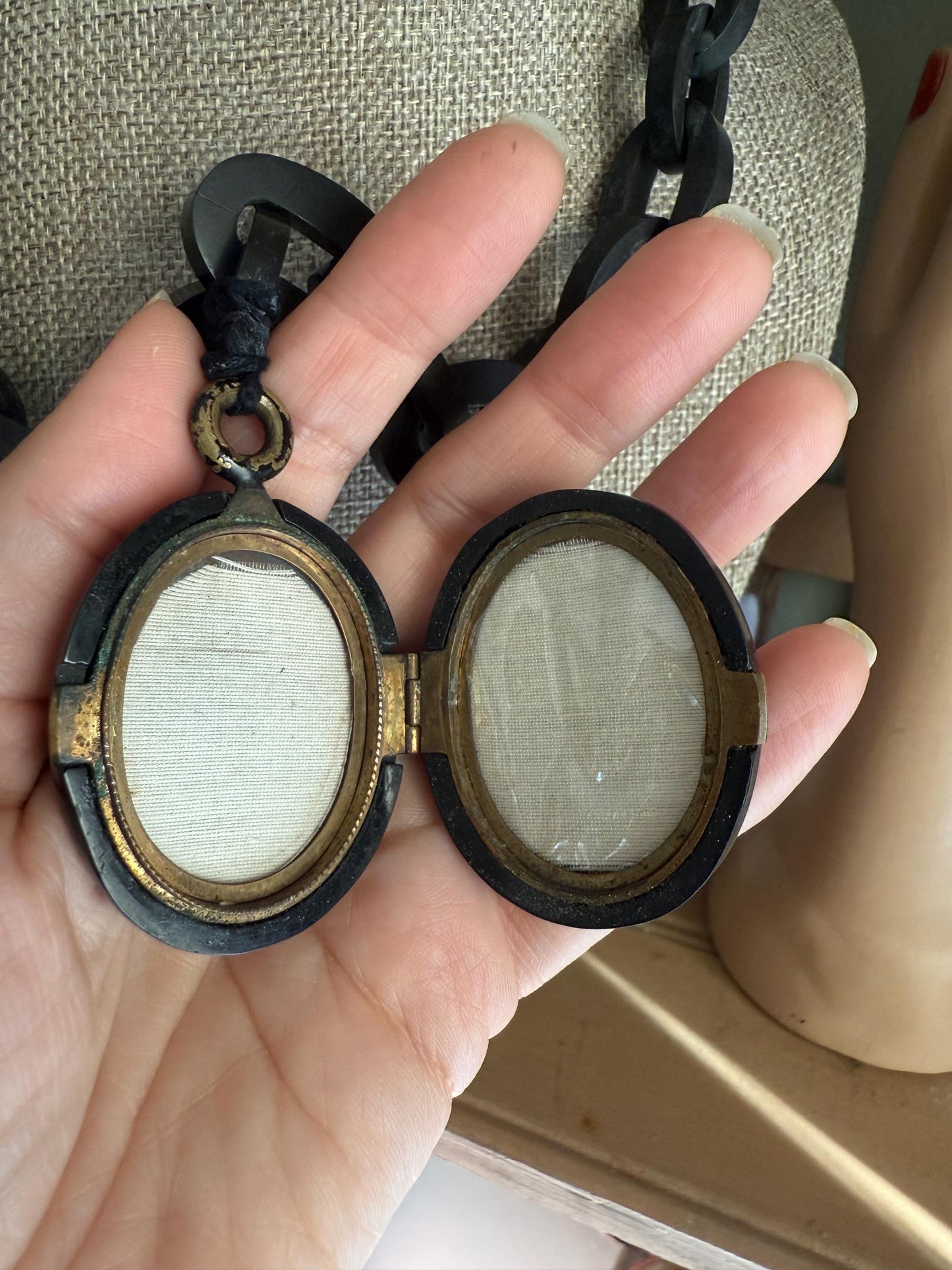 Antique Victorian Hand Carved Whitby Jet Huge Locket on Chain