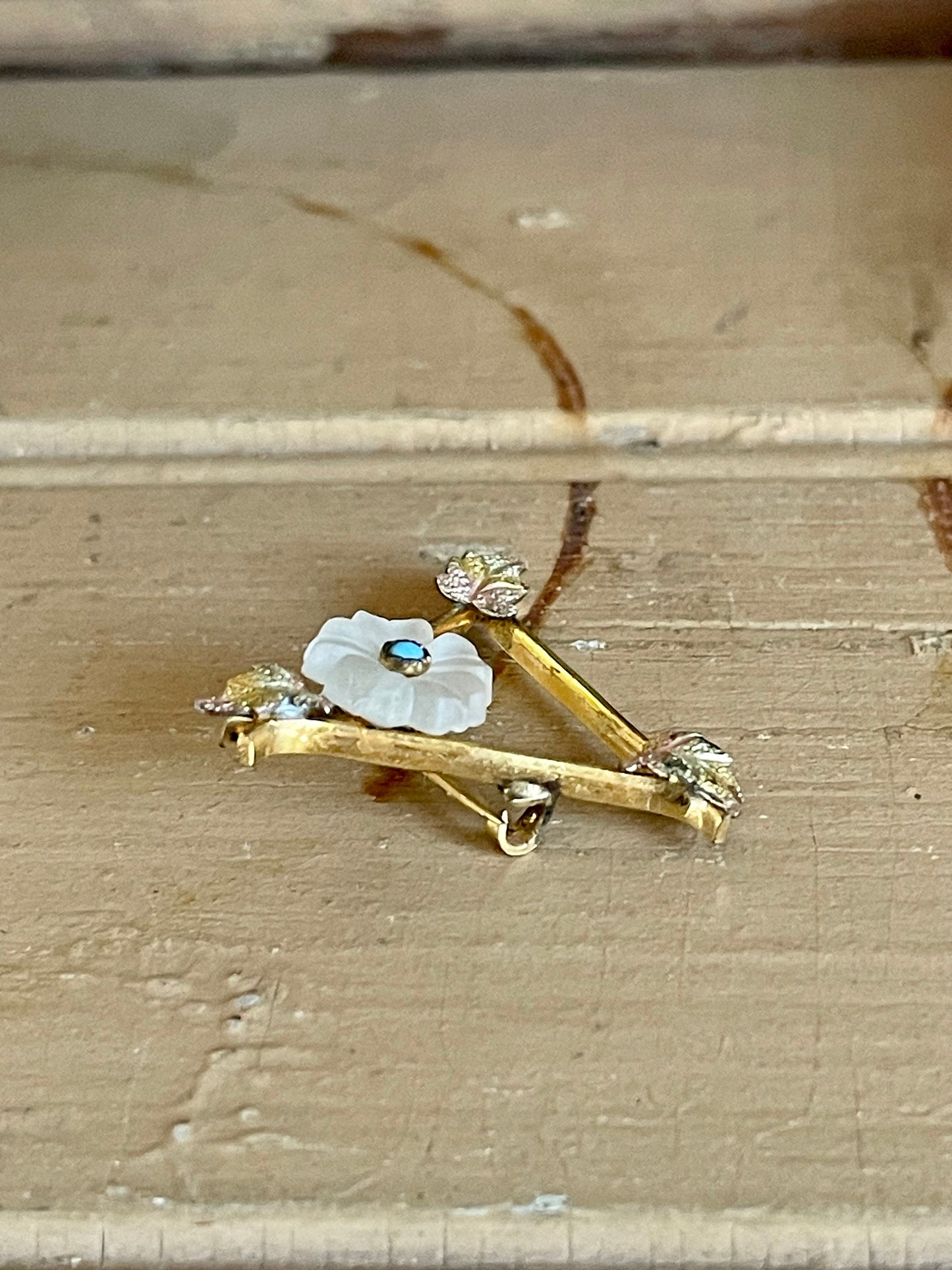 Antique Victorian Tri Color Gold Filled Flower Turquoise Brooch