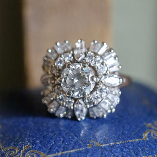 c1950 Platinum Iridium Natural Diamond Ballerina Halo Ring