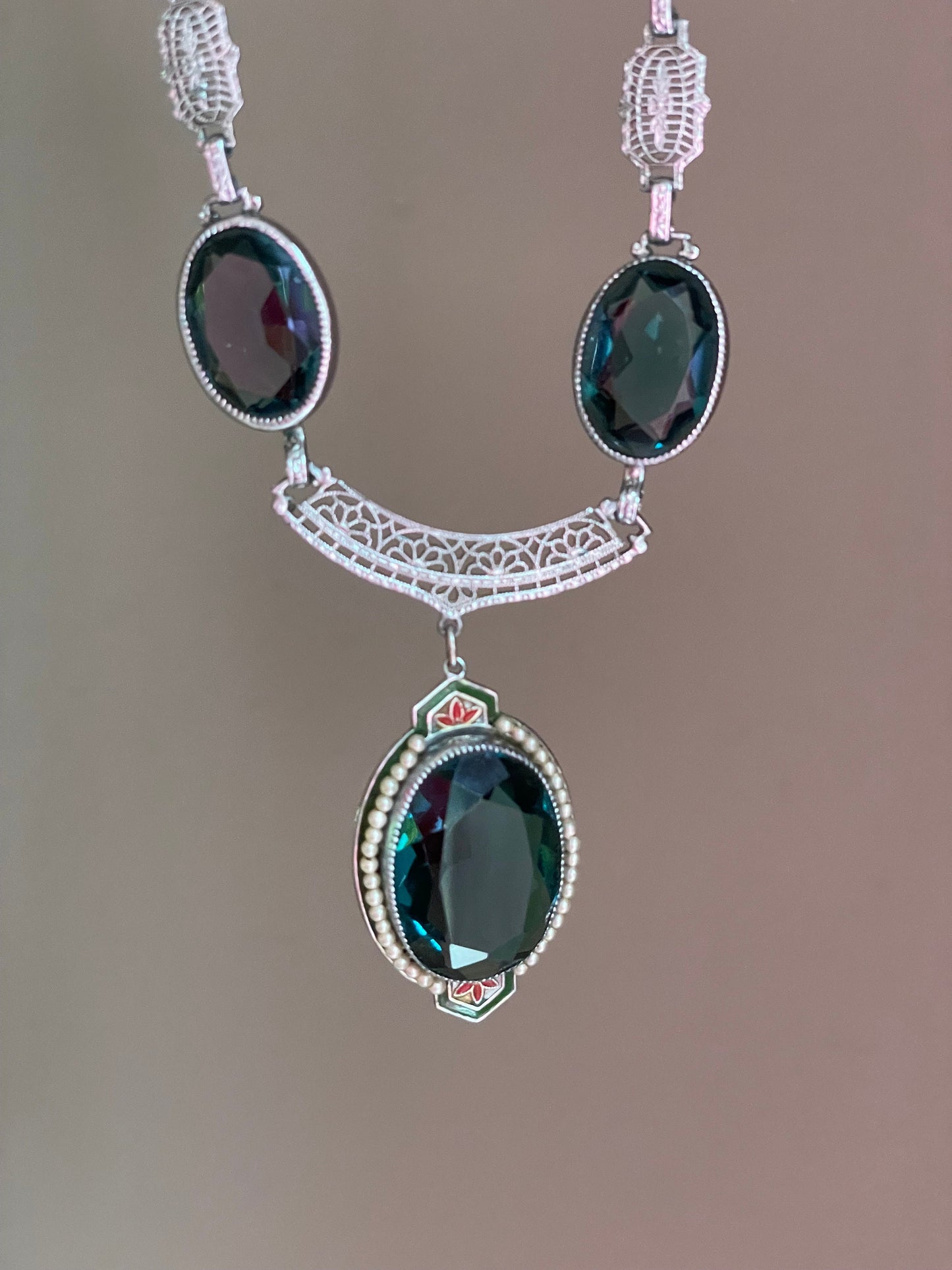 1930s Art Deco Necklace: Rhodium Plated Tourmaline Glass & Enamel