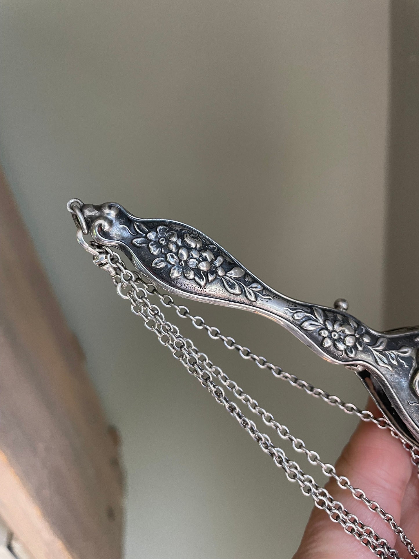 Antique Victorian Sterling Silver Lorgnette Necklace with Dog Clip Chain