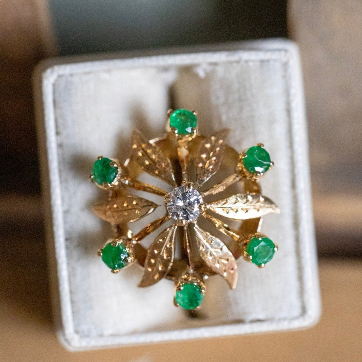 c1960 Vintage 18K Yellow Gold Natural Emerald and Diamond Pinwheel Cocktail Ring