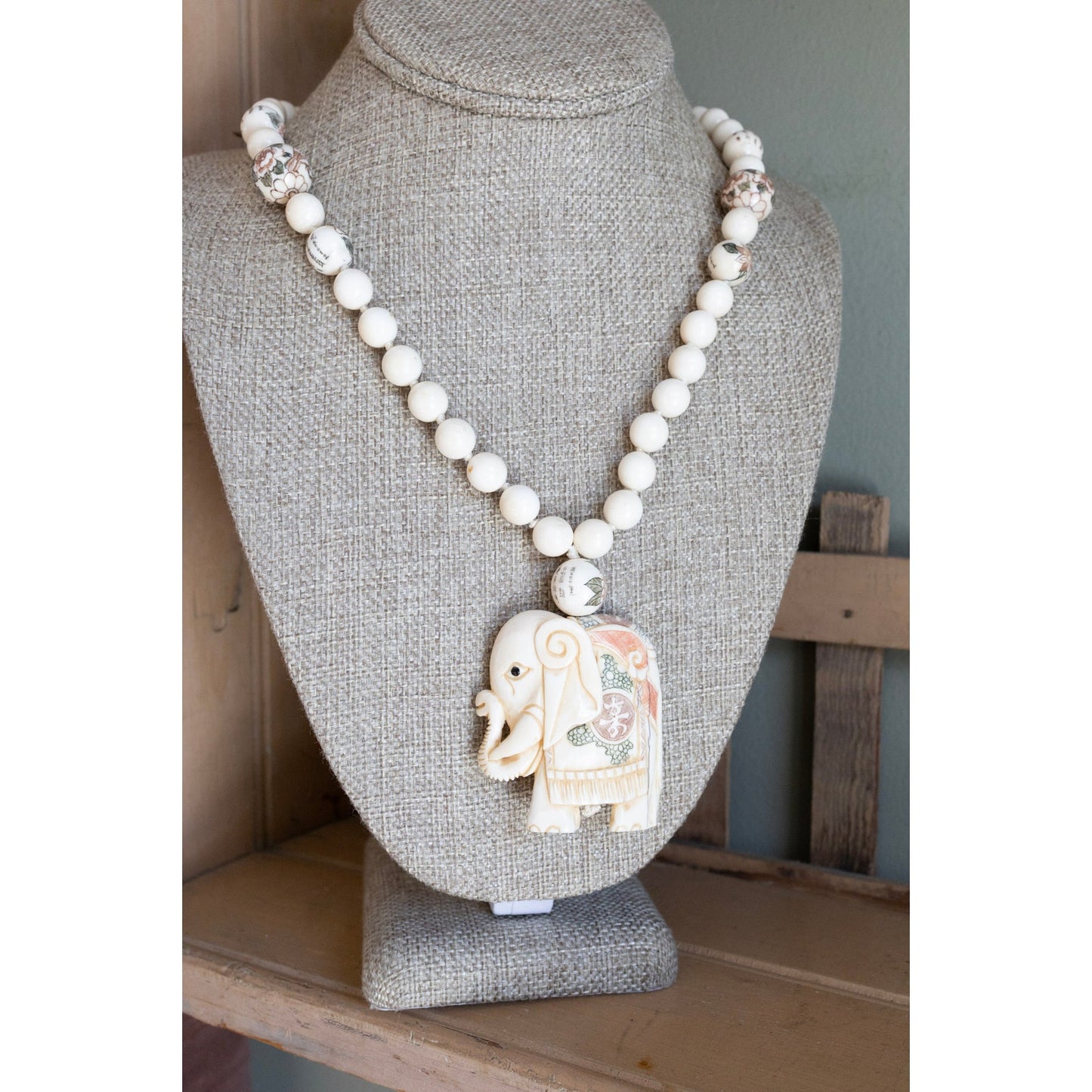 Carved Good Luck Chinese Elephant Necklace Hand Painted