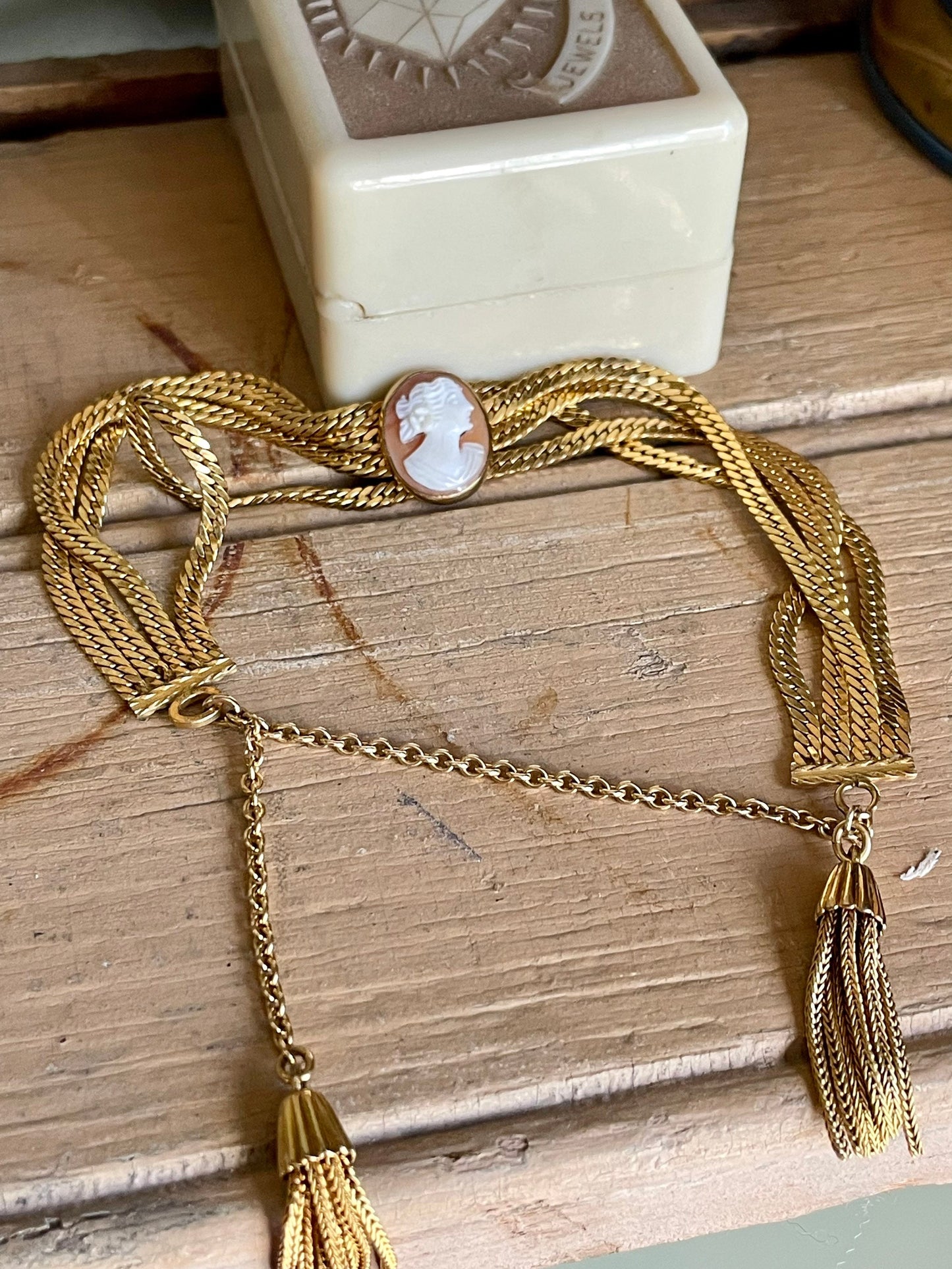 Vintage Four Link Shell Cameo Bracelet with Tassels