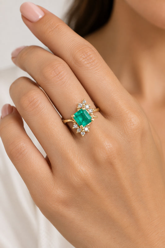 Vintage 14K Yellow Gold Natural Emerald and Diamond Ring