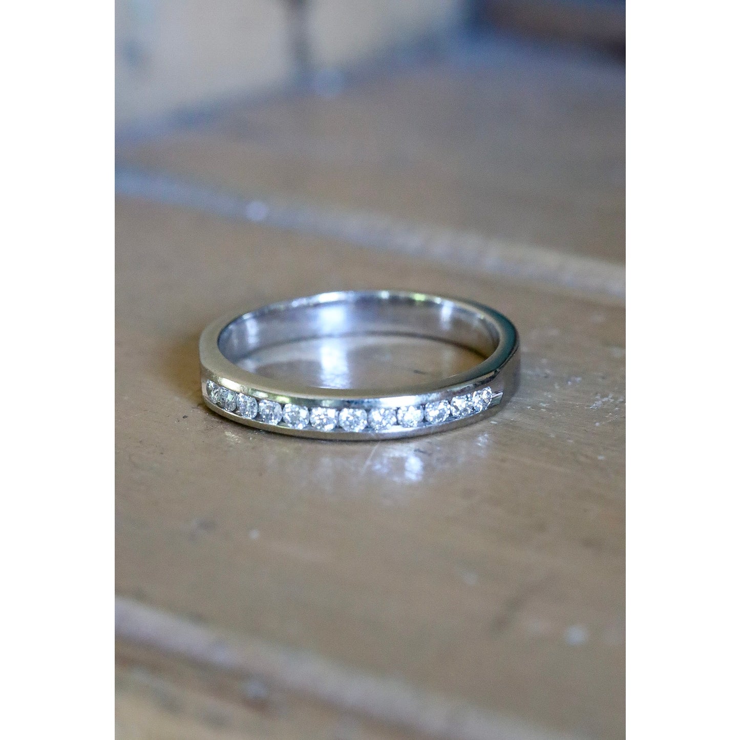 Vintage 14K White Gold Channel Set Natural Brilliant Cut Diamond Band