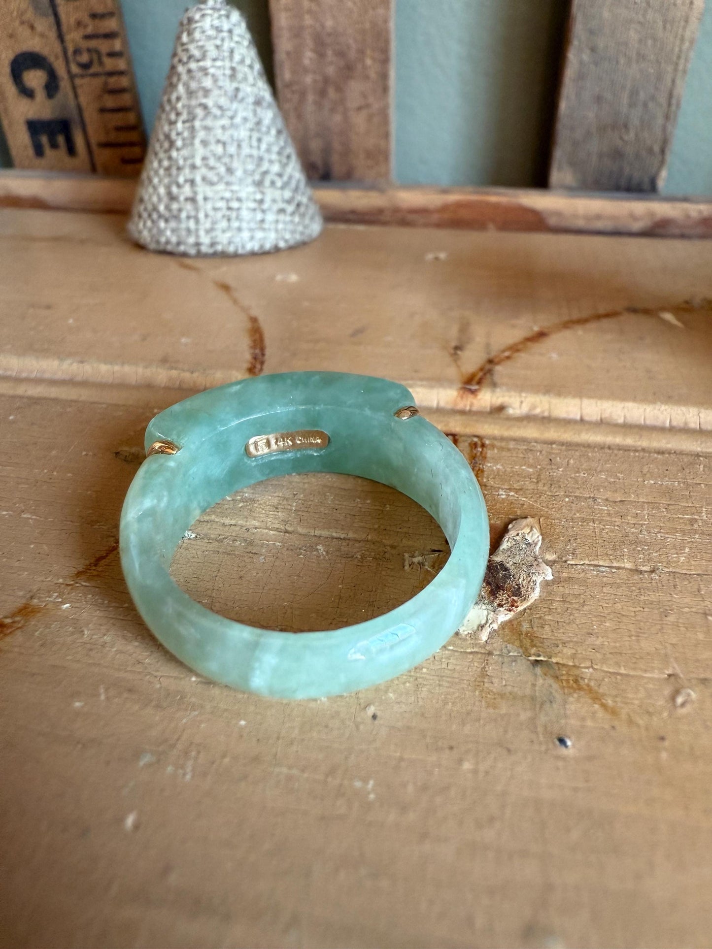 Vintage Solid Green Jade Ring with 14K Accents Size 11