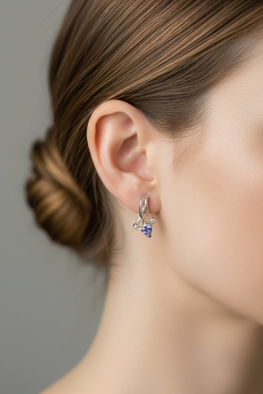 10K White Gold Triangle Cut Tanzanite and Diamond Earrings