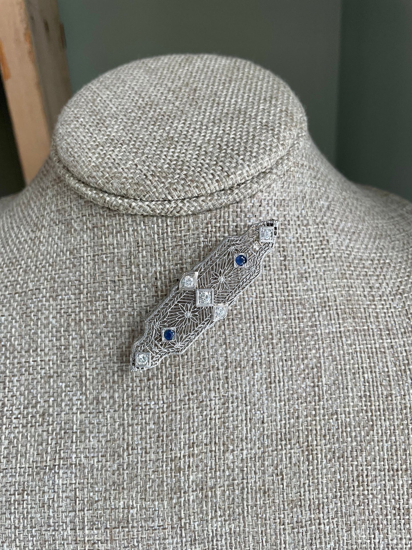 1930-1940 14K White Gold Filigree Diamond and Sapphire Brooch