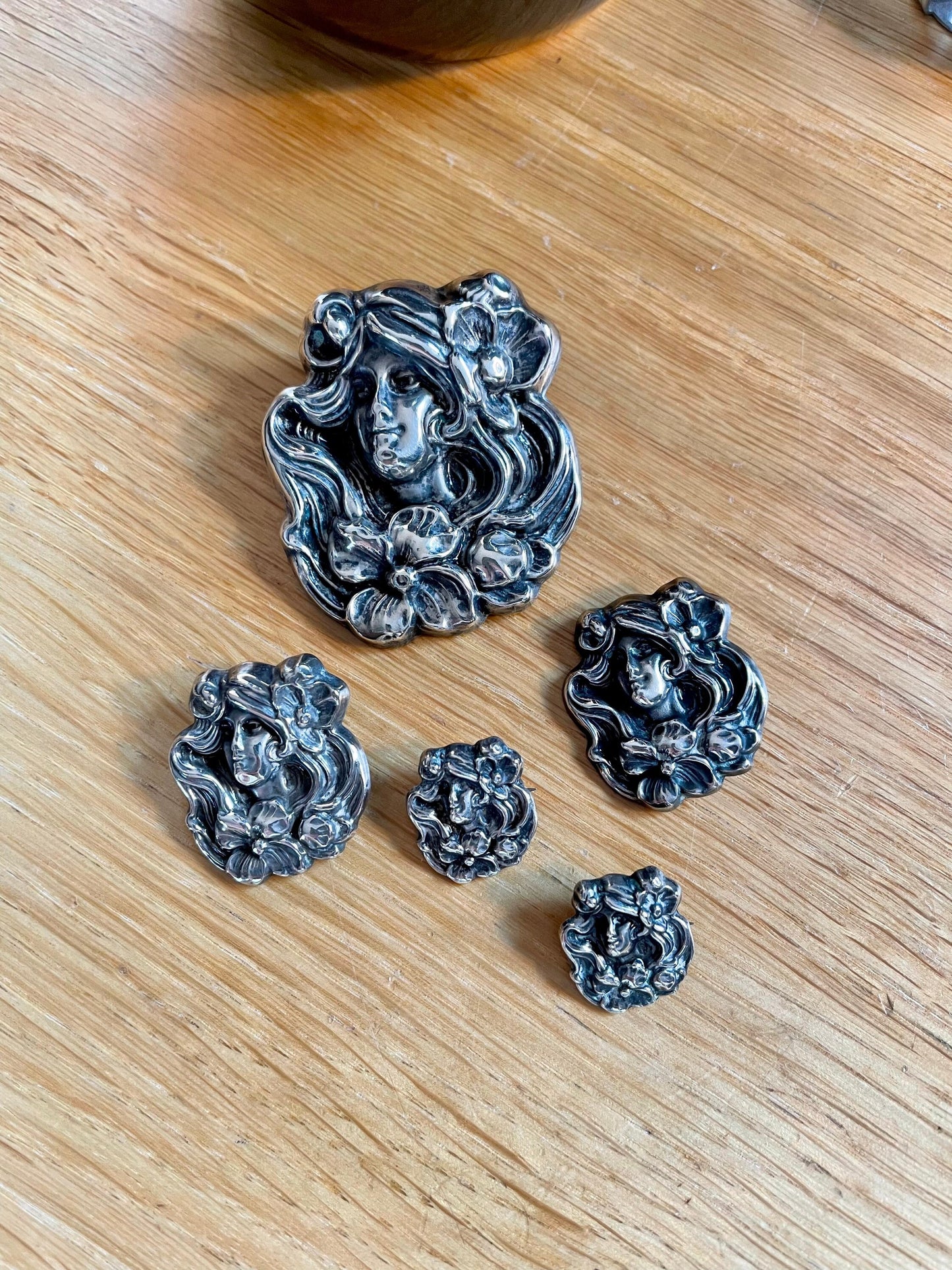 Art Nouveau Sterling Silver Five Piece Brooch Set Lady with Poppies