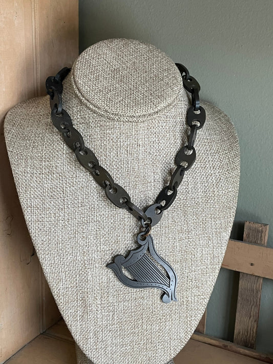 Antique Victorian Vulcanite Large Irish Harp and Chain Choker Necklace