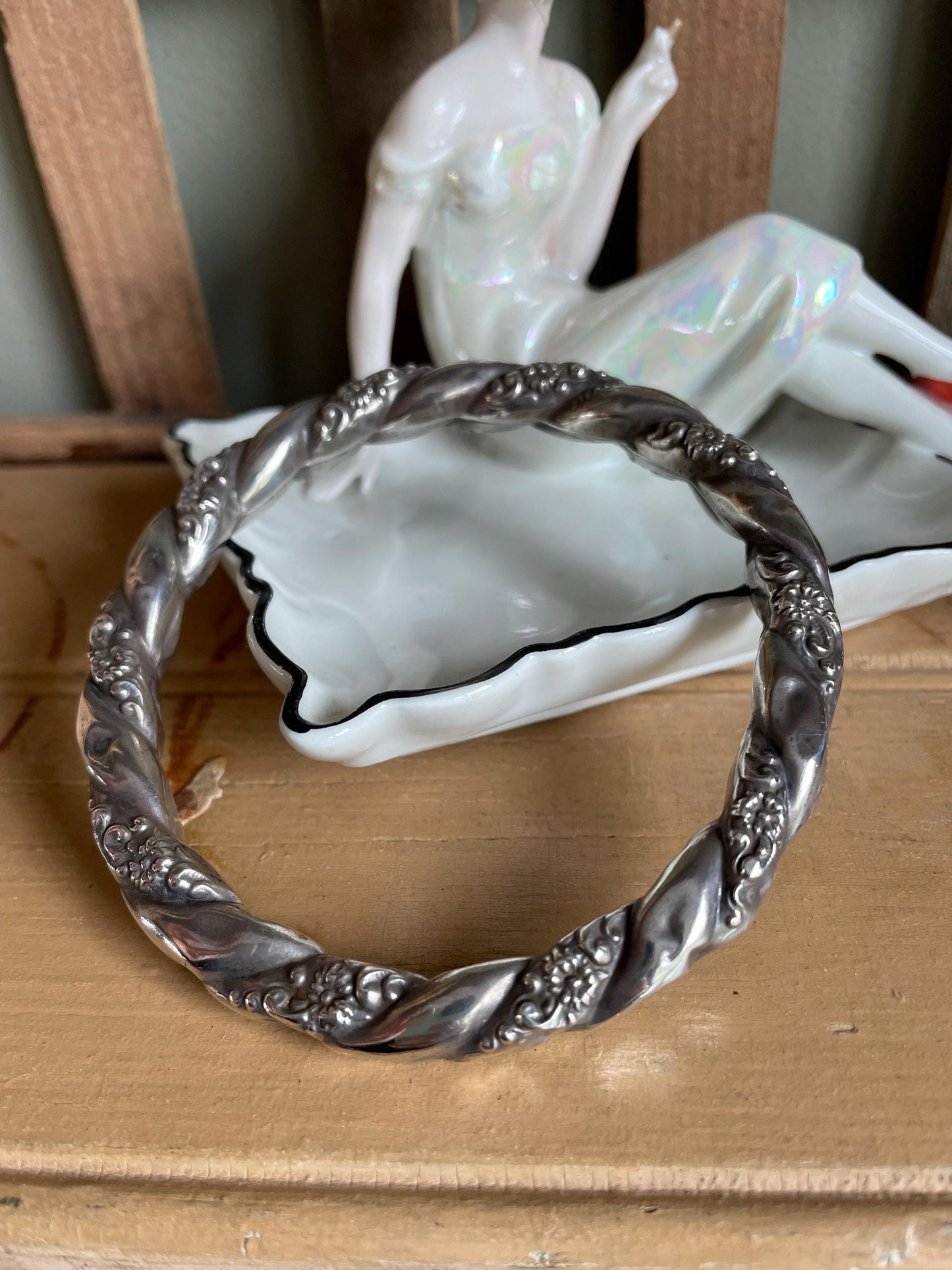Antique Sterling Silver Repousse Bangle Baby Teether