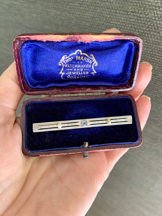 c1920 14K Yellow Gold Allsopp - Bliss Topaz Seed Pearl Bi-Color Bar Brooch