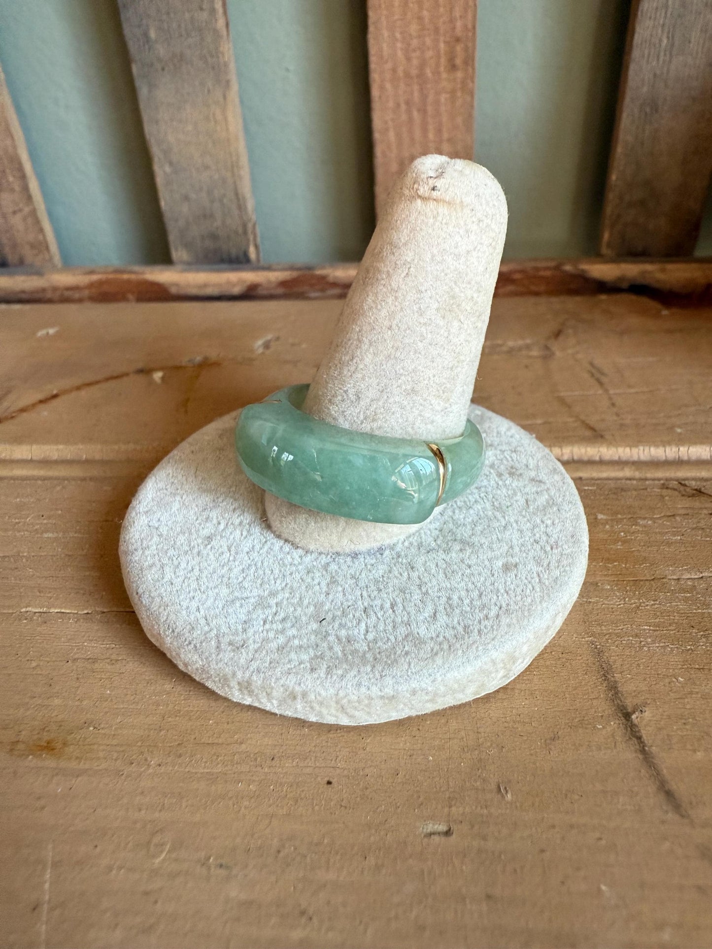 Vintage Solid Green Jade Ring with 14K Accents Size 11