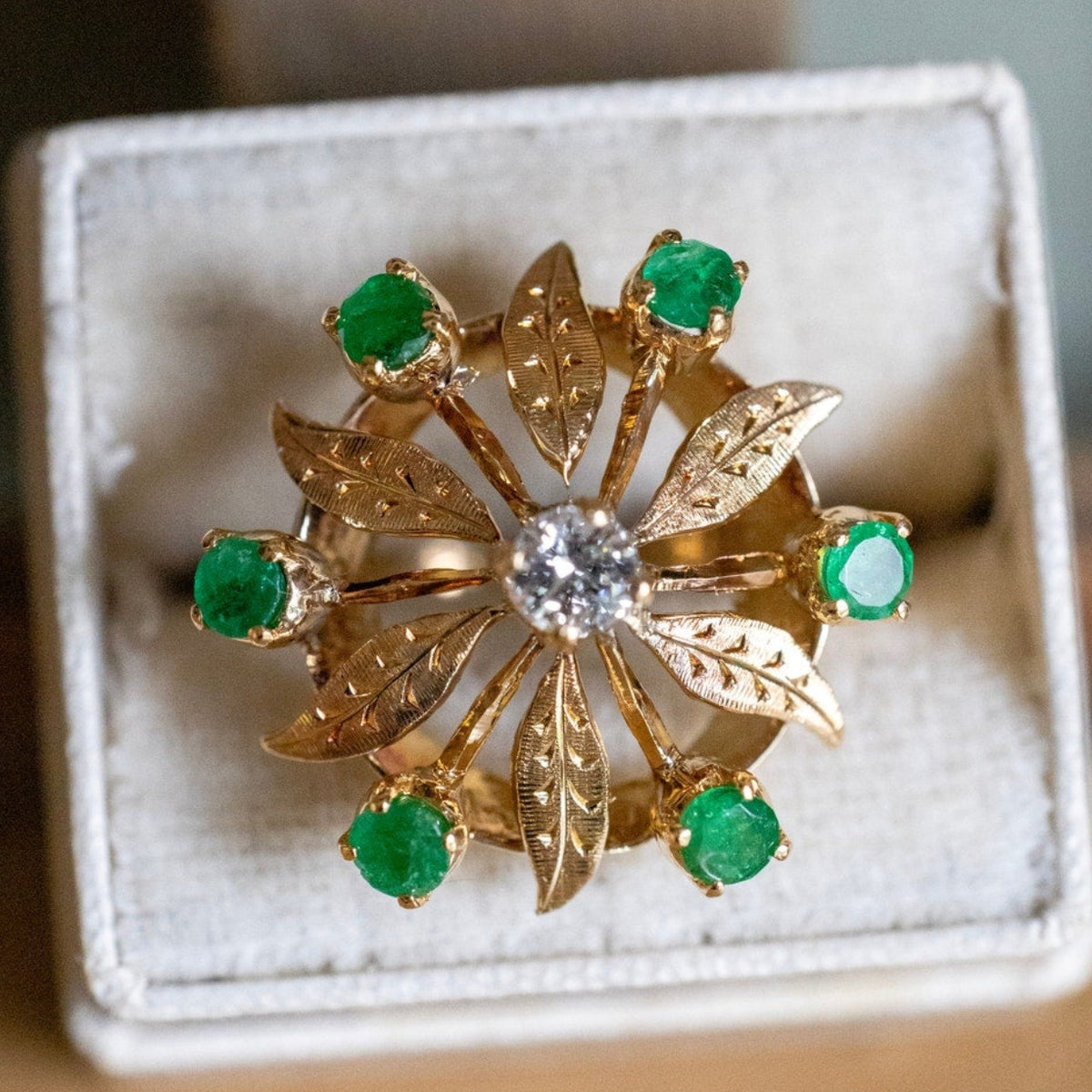 c1960 Vintage 18K Yellow Gold Natural Emerald and Diamond Pinwheel Cocktail Ring