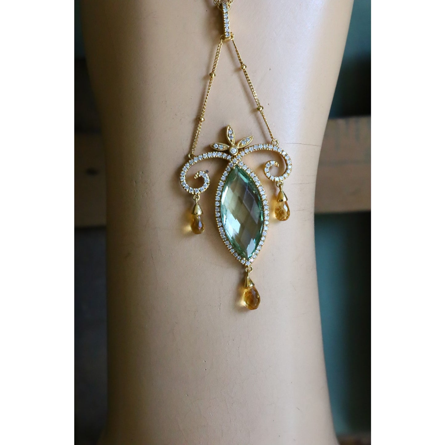 Vintage 18K Yellow Gold Art Nouveau Inspired Prasiolite, Diamond and Citrine Necklace