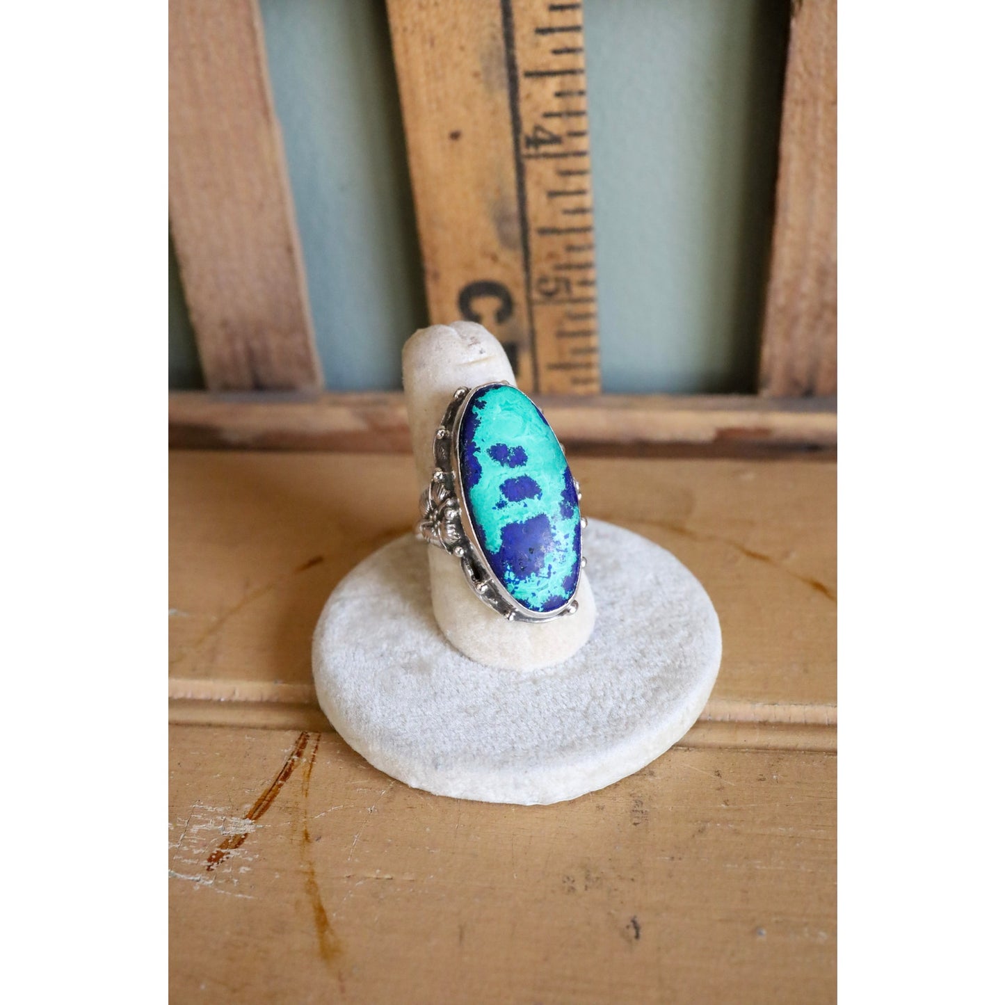 Vintage Sterling Silver Azurite Malachite Statement Ring in an Arts & Crafts Style