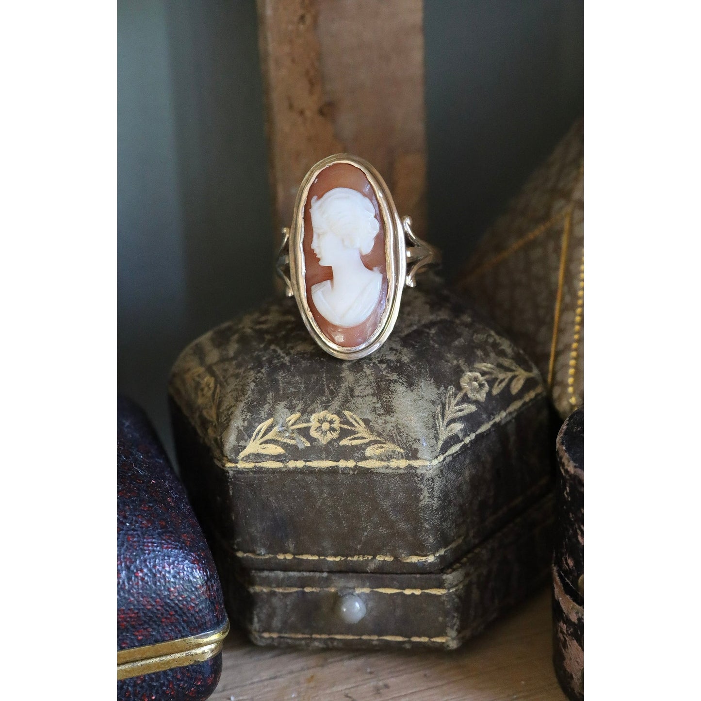 C1950 10K Yellow Gold Ring Featuring an Oval Hand Carved Conch Shell Cameo