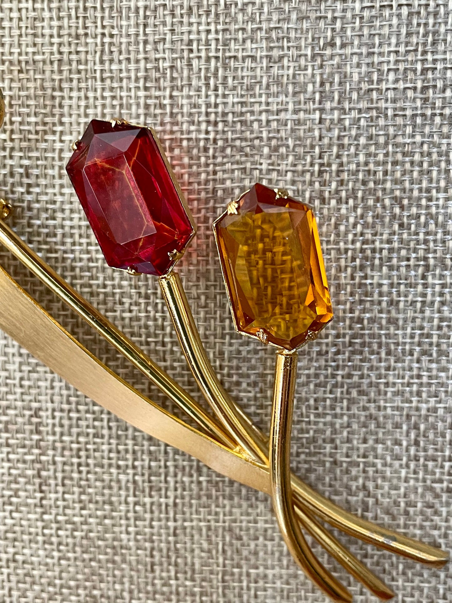 Mid-Century Red and Citrine Glass Fashion Brooch -Huge