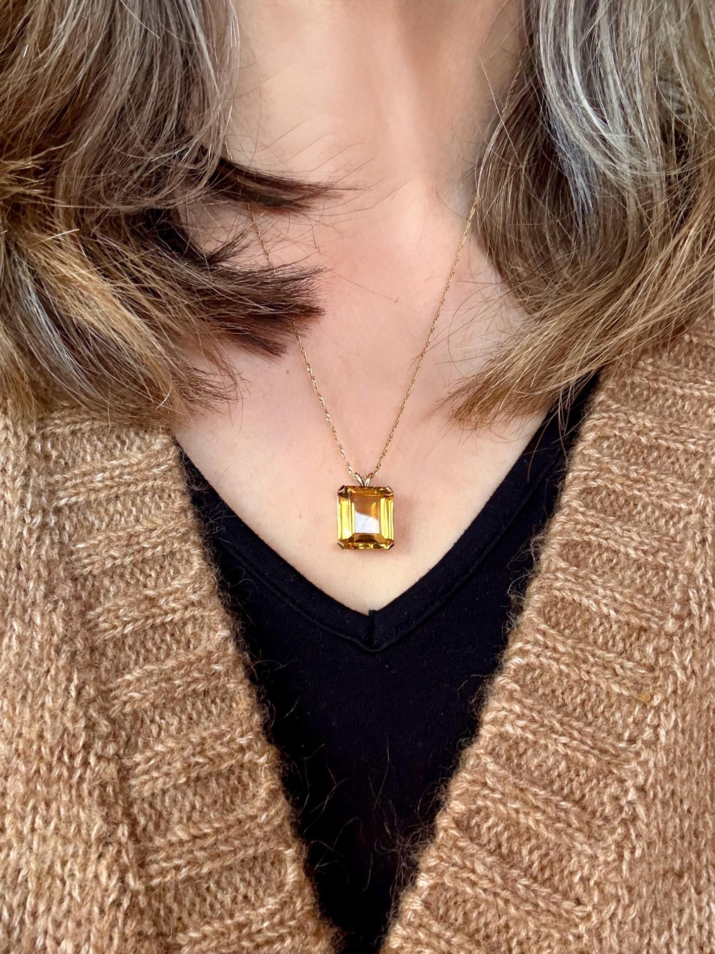 A Vintage 14K Yellow Gold Rectangle Cut Citrine on a 14K Chain