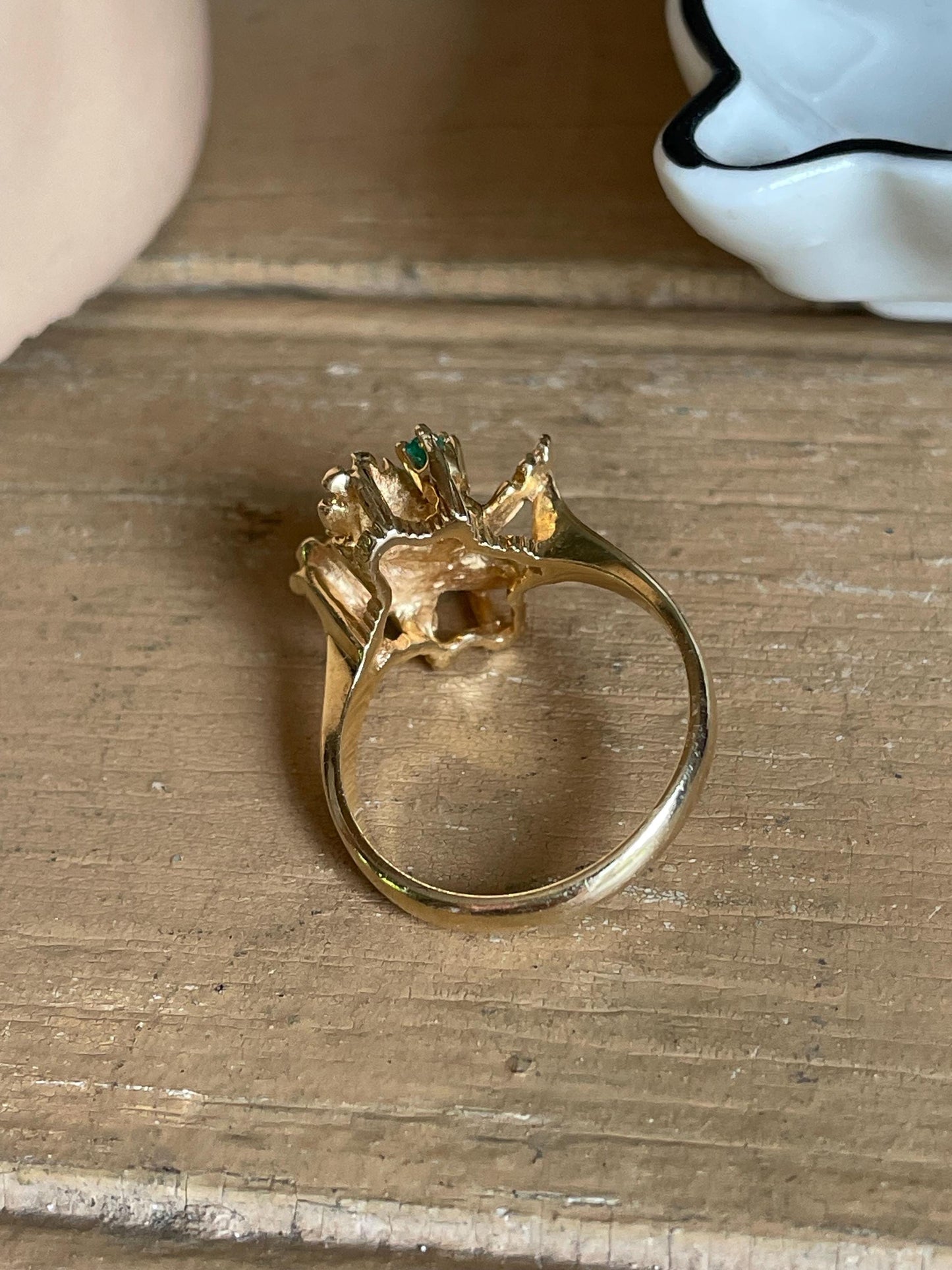 1980's 14K Vintage Textured Flower Emerald and Diamond Ring