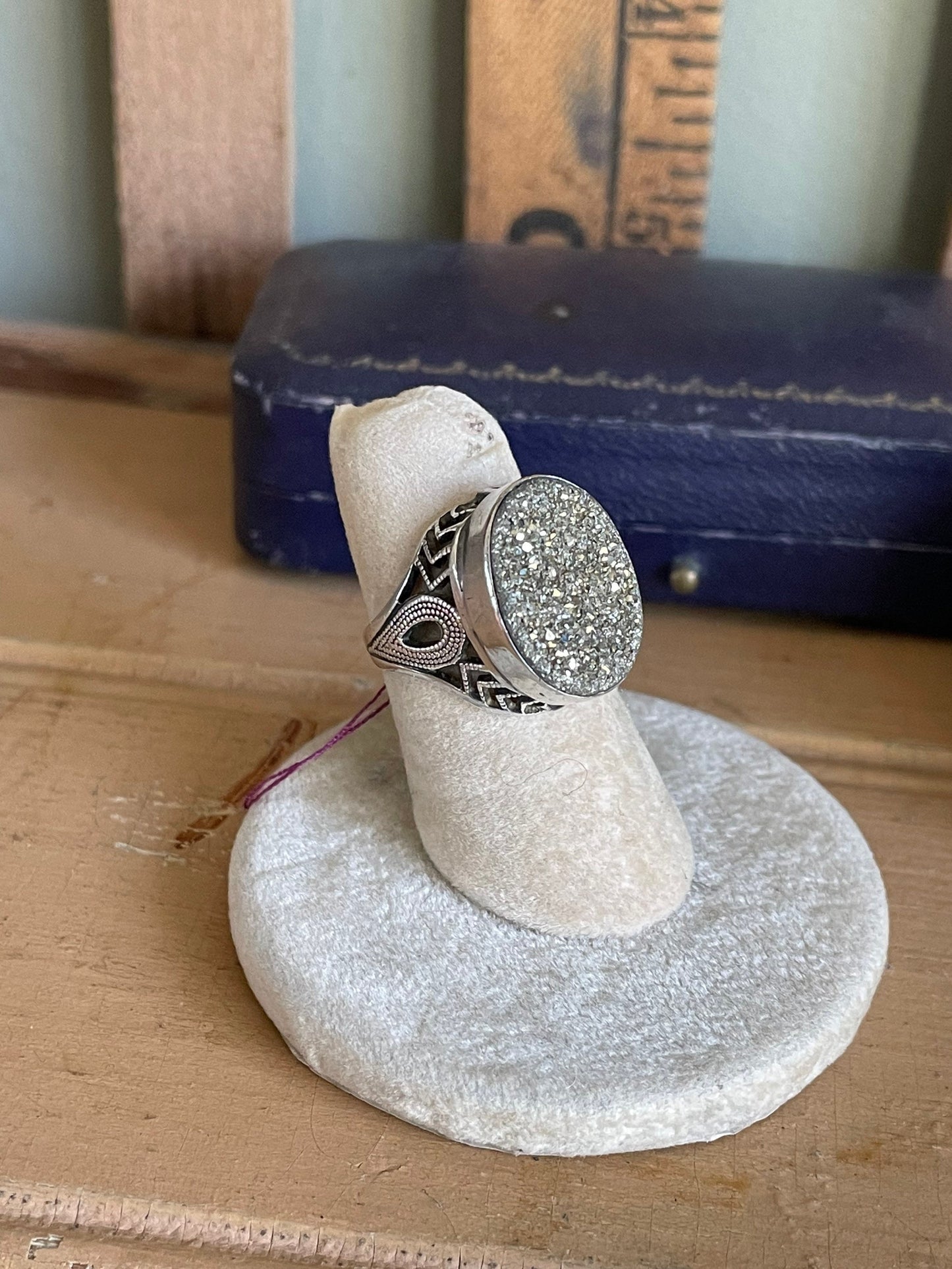 Vintage Filigree Sterling Silver Pyrite Druzy Ring - Size 5.25