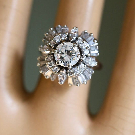 c1950 Platinum Iridium Natural Diamond Ballerina Halo Ring