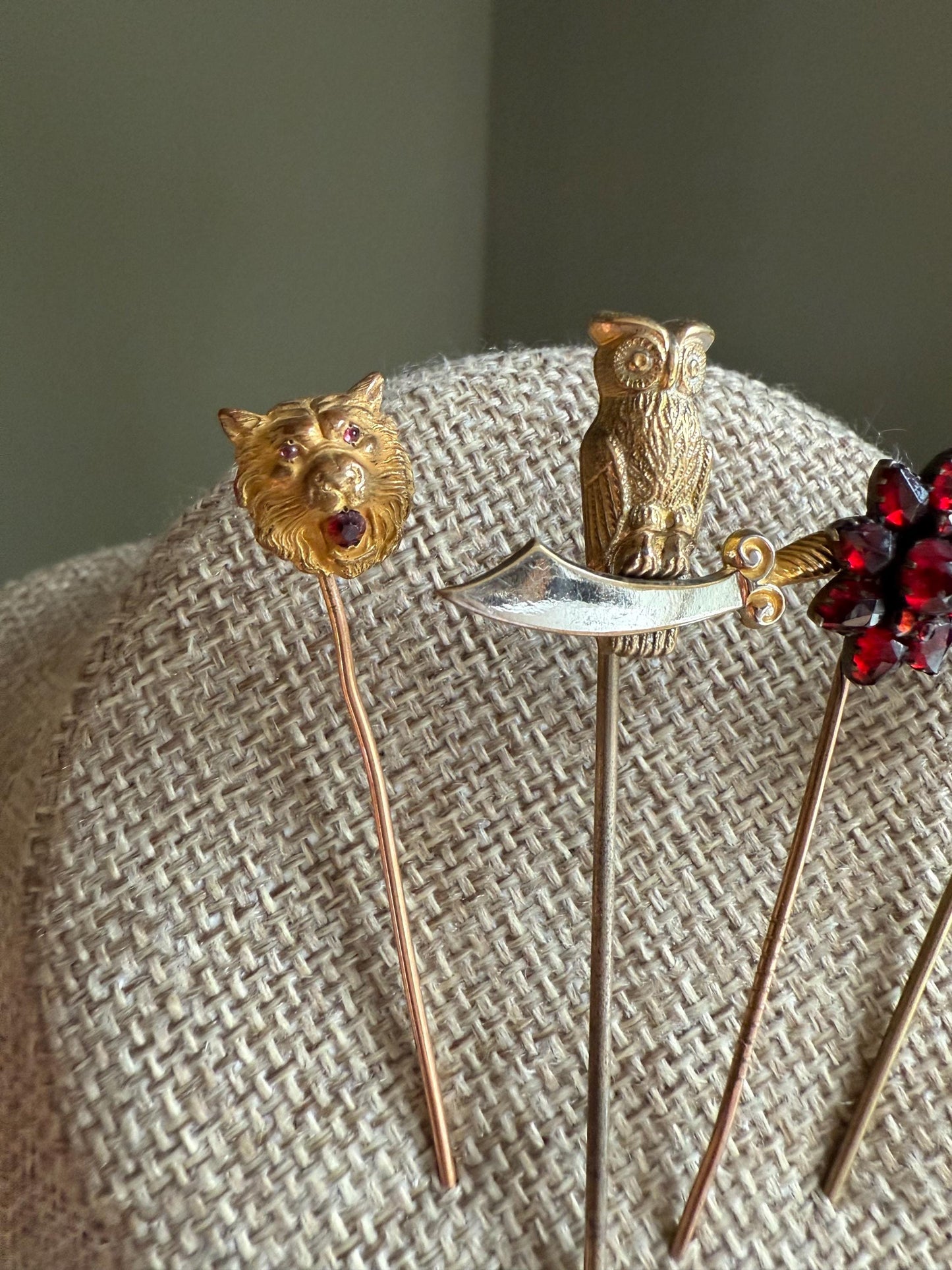 Pick an Antique Stickpin Lion, Owl, Garnet and Edwardian Art Glass
