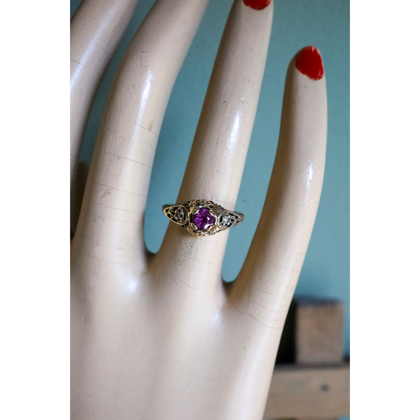 Vintage Art Deco Style 14K Yellow Gold Amethyst and Diamond Ring