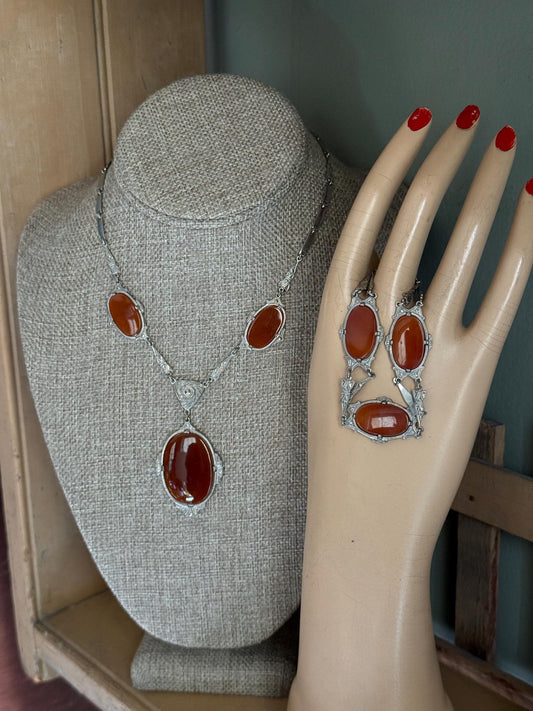 1930 Art Deco German Rhodium Plated Carnelian Glass Necklace Bracelet Set