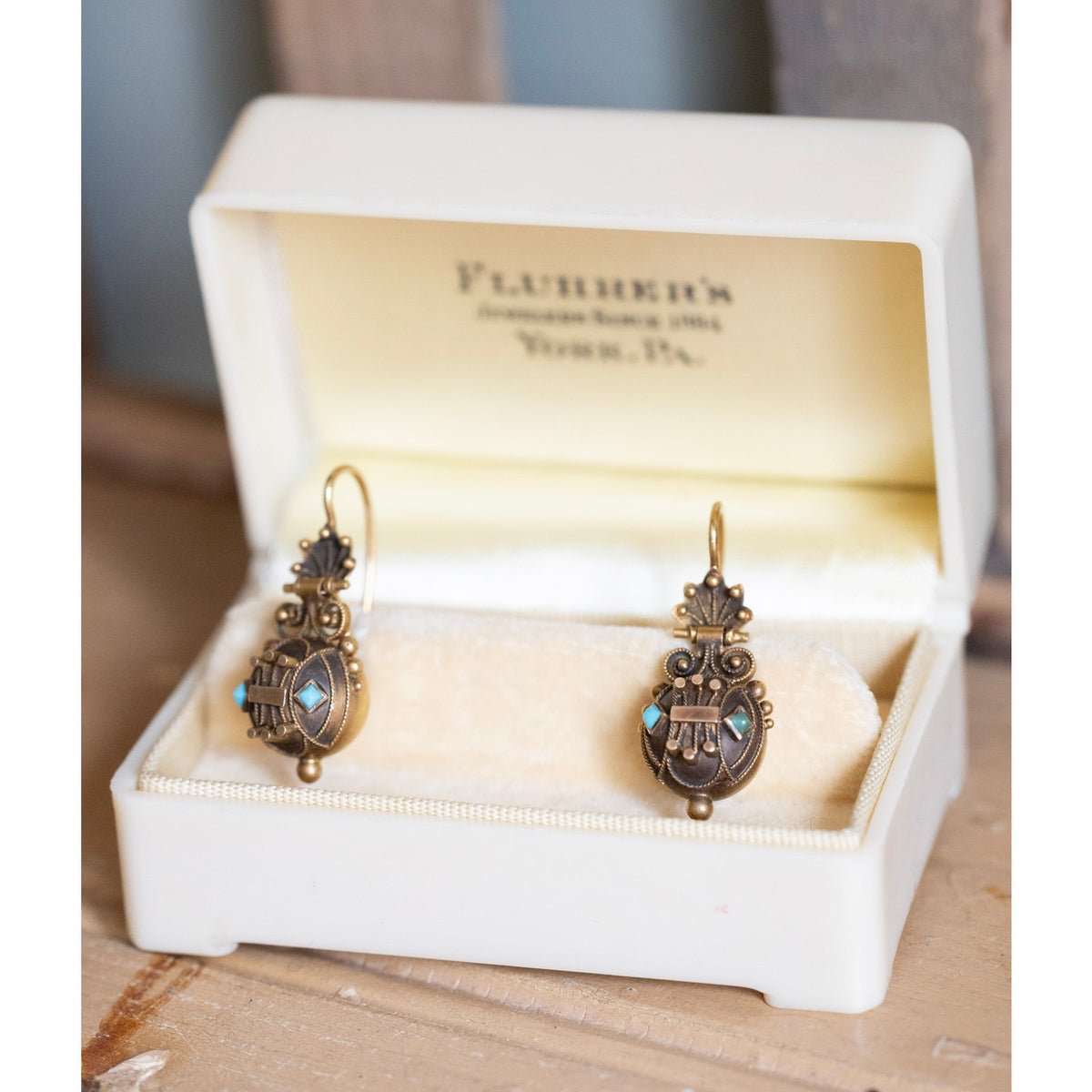 14K Bloomed Gold Victorian Antique Etruscan Revival Turquoise Dangle Earrings