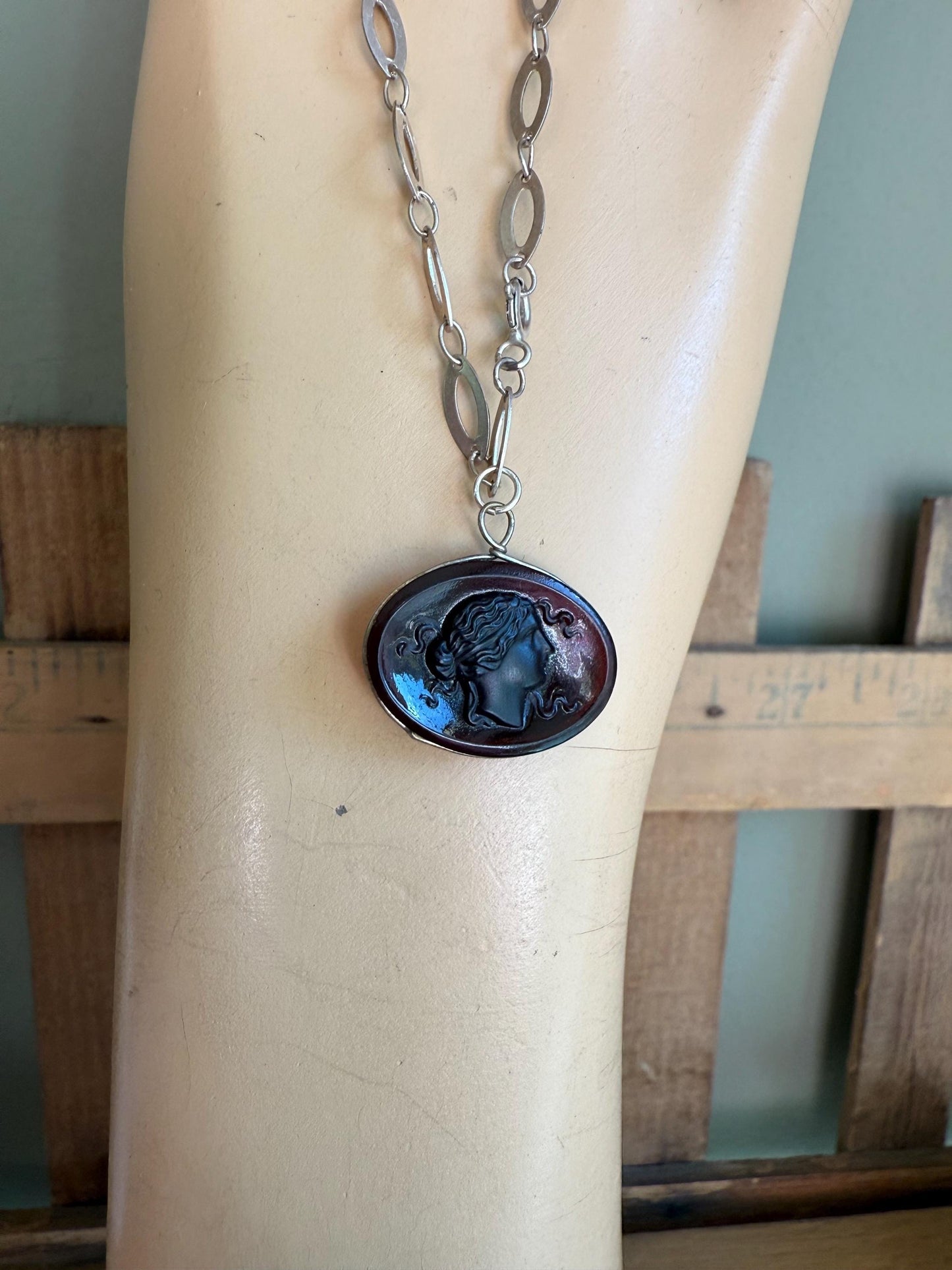 An Antique Glass Tassie Intaglio of a Lady in Profile on a Sterling Silver Bracelet