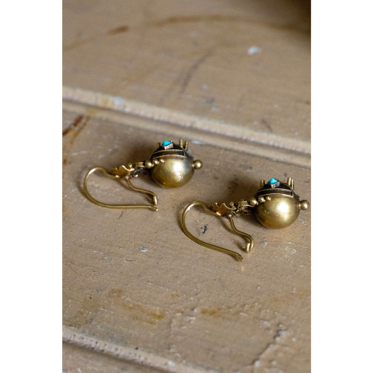 14K Bloomed Gold Victorian Antique Etruscan Revival Turquoise Dangle Earrings