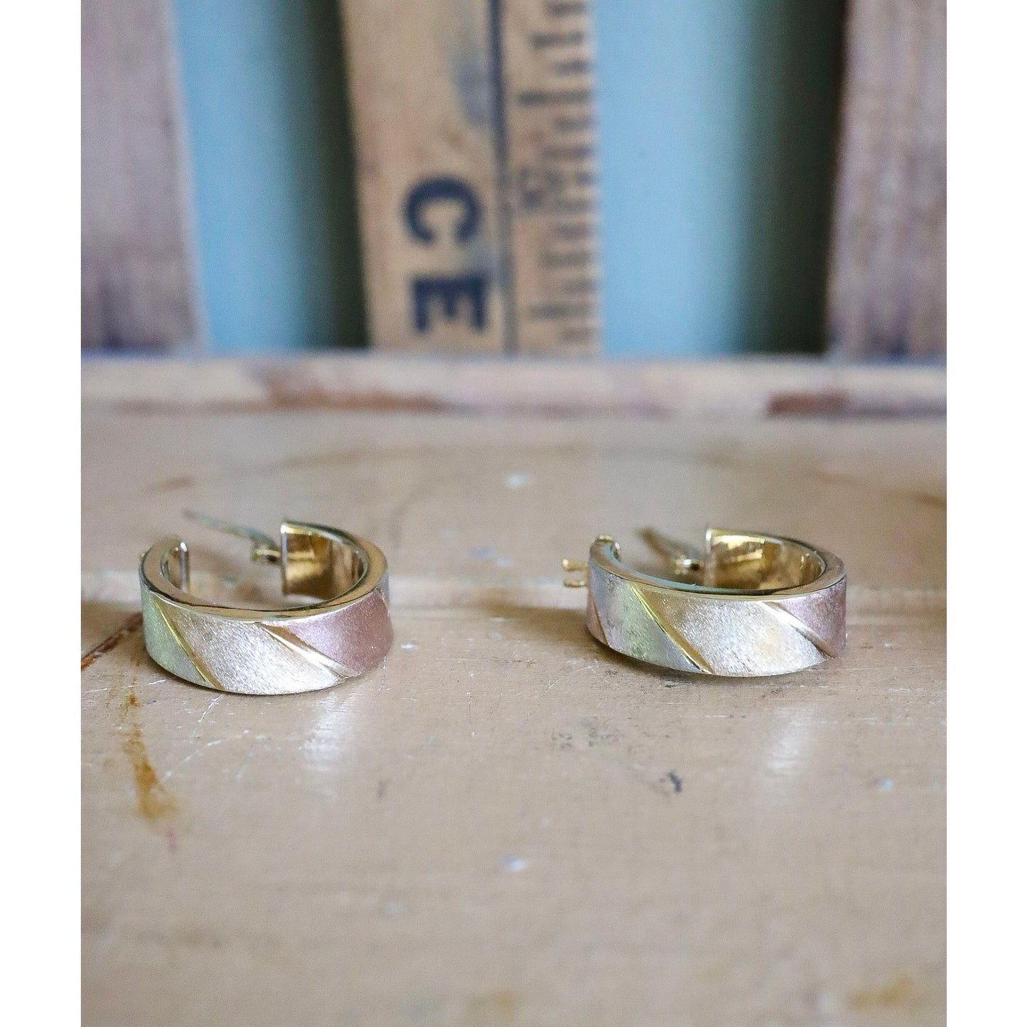 c1980 10K Italian Rose, White and Yellow Gold Textured Finish Oval Hoop Earrings
