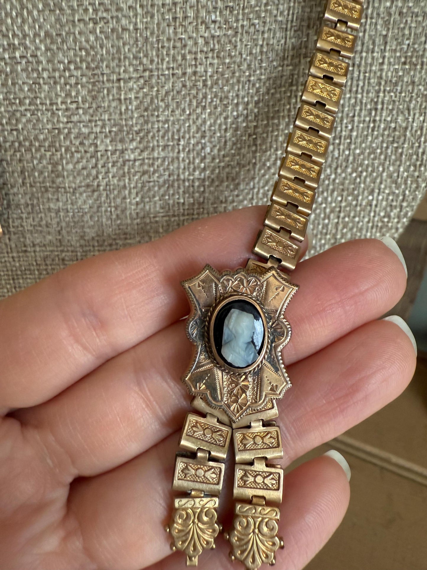 Victorian 1880's Gold Filled Book Chain Cameo Necklace