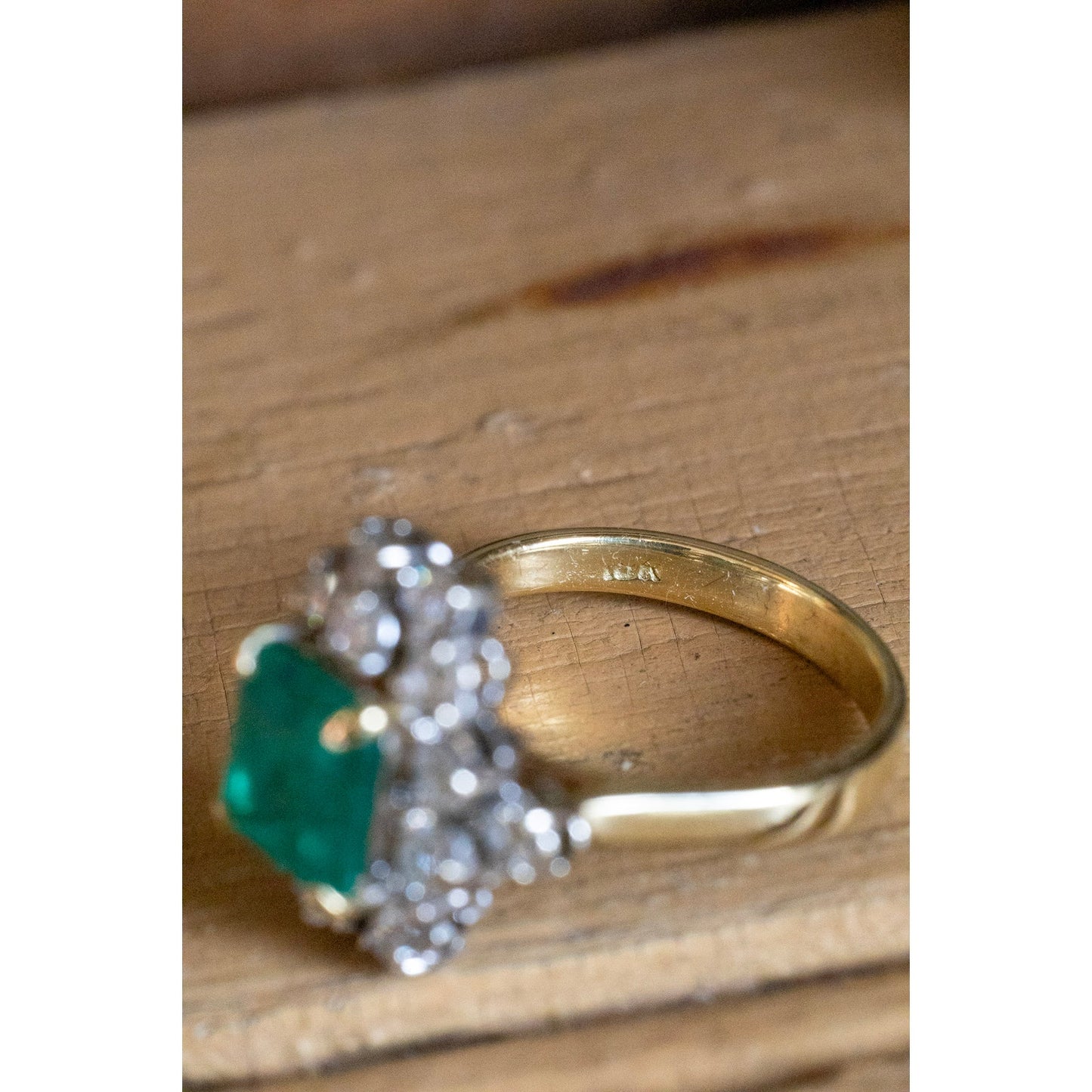 Vintage 18K Yellow Gold Custom Designed Natural Emerald and Diamond Ring