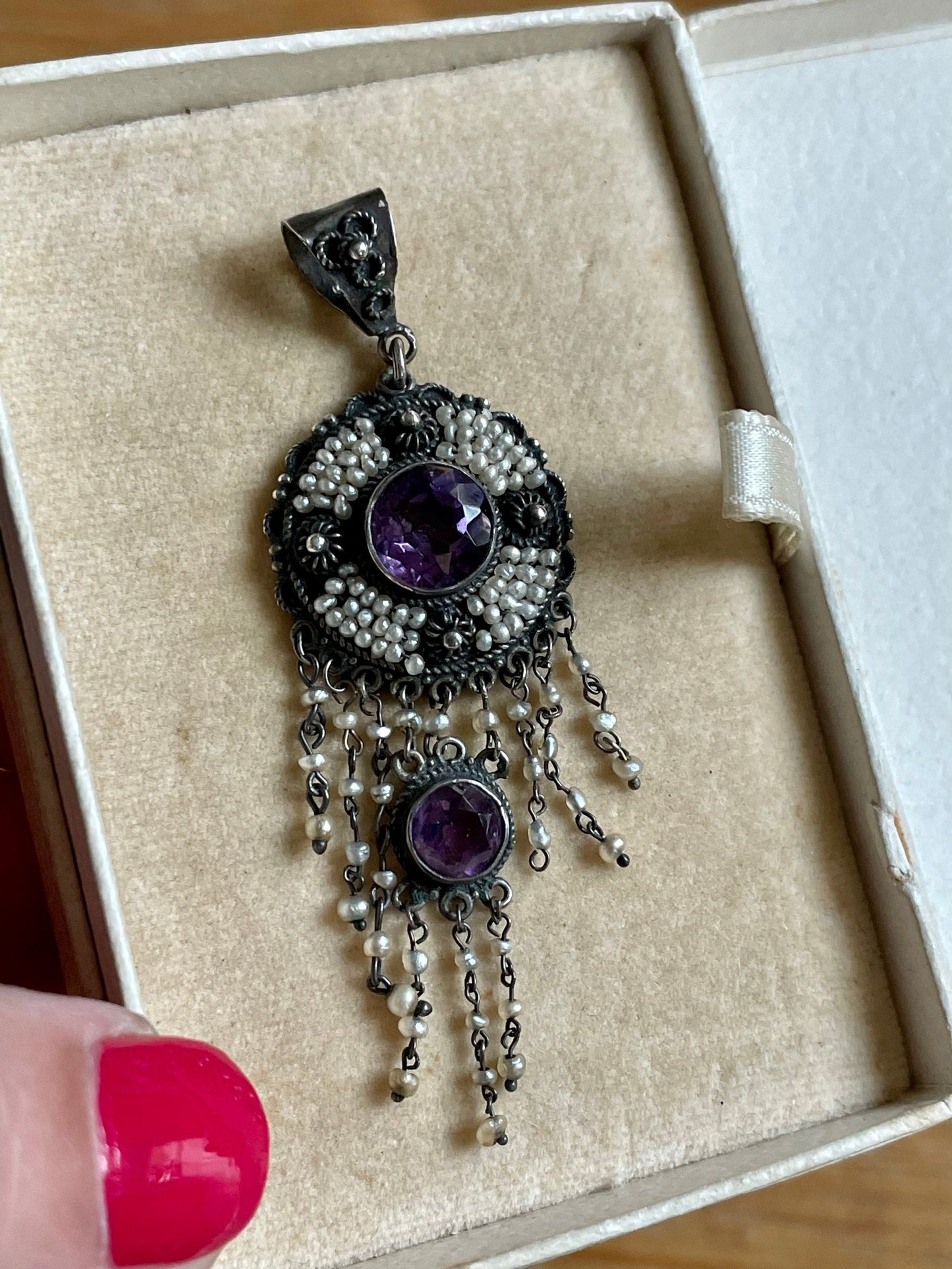 Late Victorian / Art Nouveau Amethyst and Seed Pearl Dangle Pendant