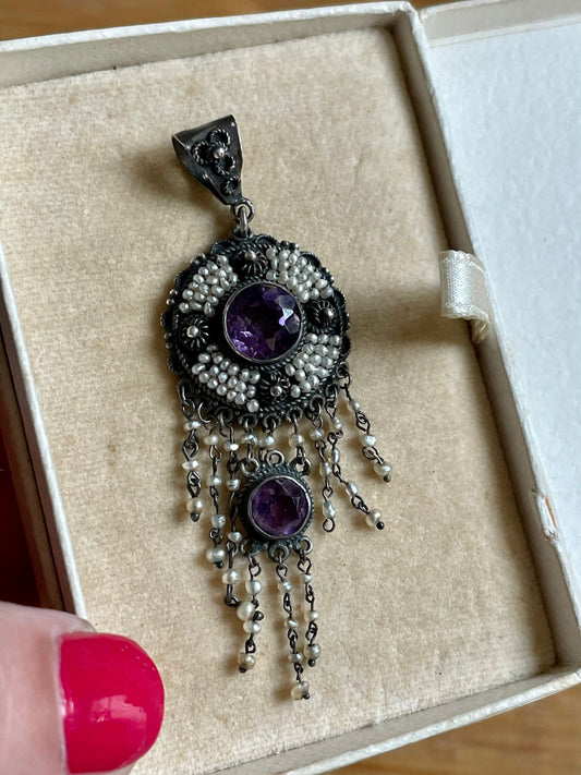 Late Victorian / Art Nouveau Amethyst and Seed Pearl Dangle Pendant