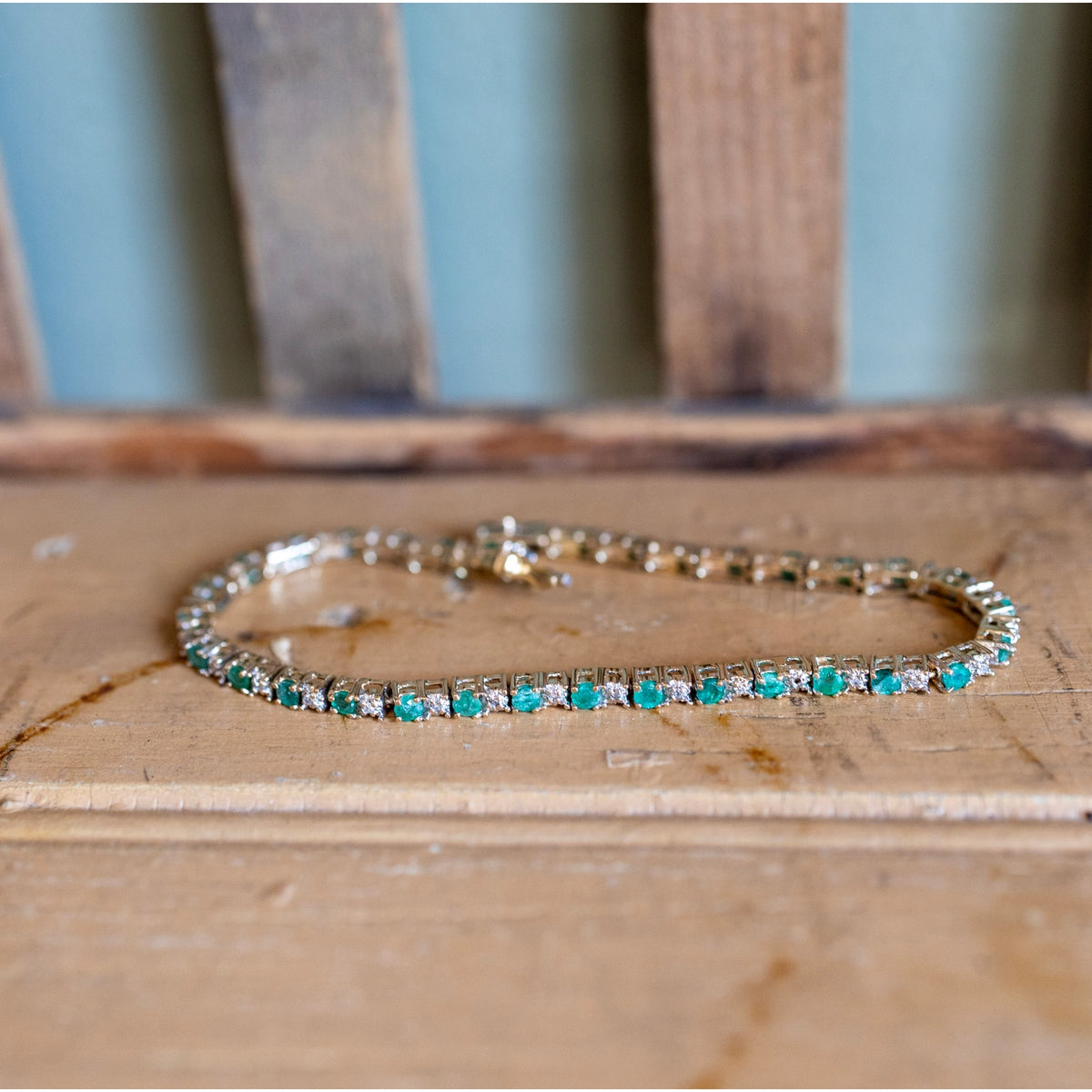 Vintage 14K Yellow Gold Natural Emerald and Diamond Line Bracelet